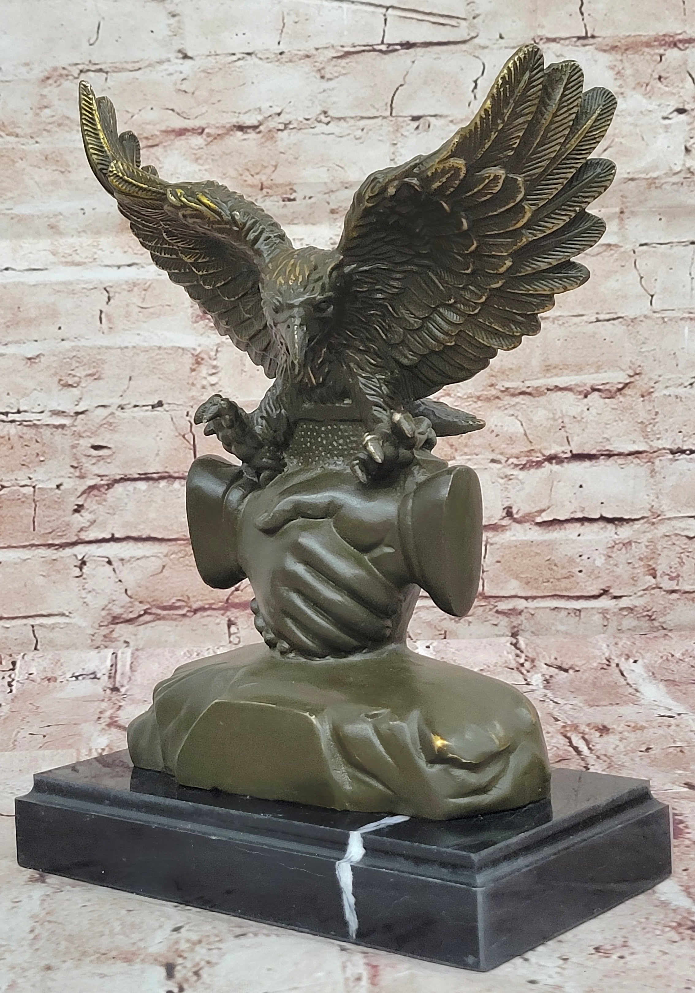 Bronze Eagle and Handshake Statue; Patriotic American Unity Sculpture