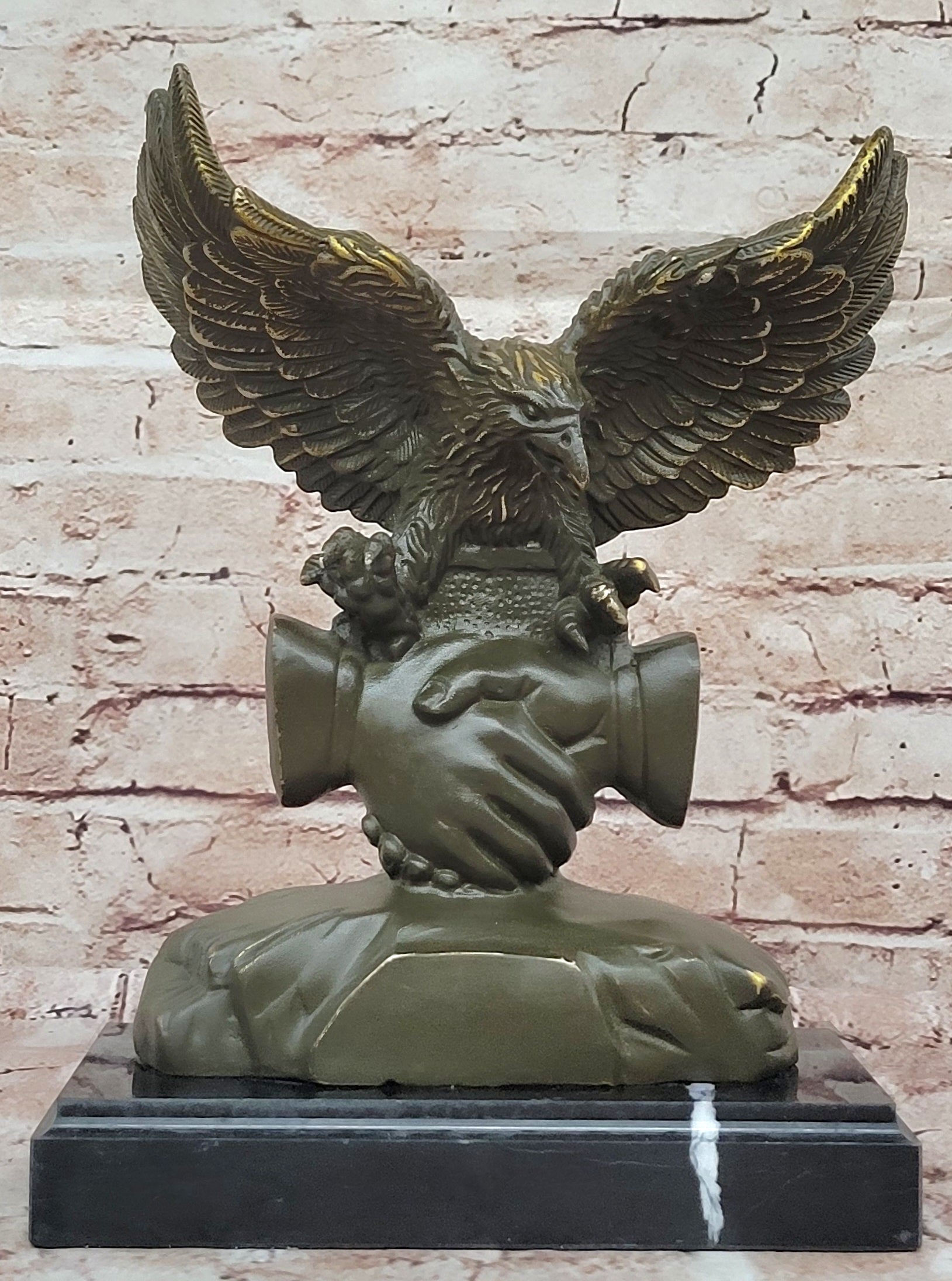 Bronze Eagle and Handshake Statue; Patriotic American Unity Sculpture