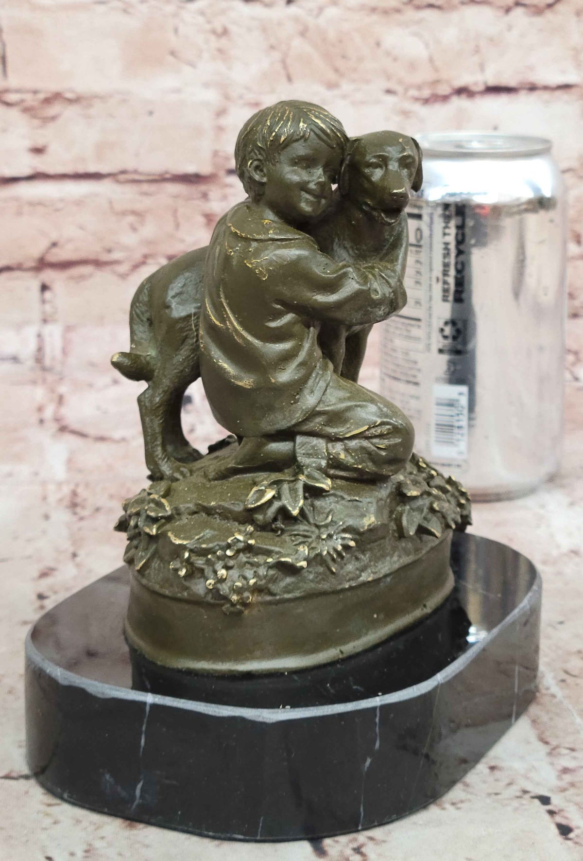 Boy Hugging Dog Bronze Sculpture on Marble Base