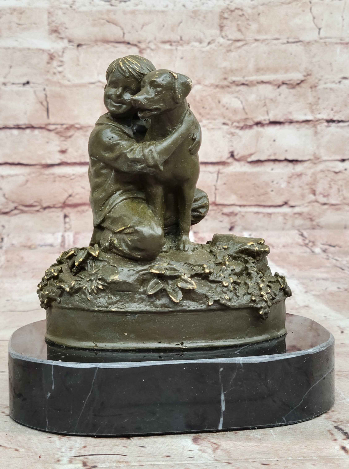 Boy Hugging Dog Bronze Sculpture on Marble Base