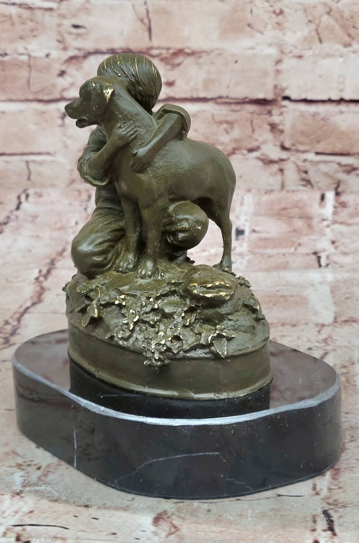 Boy Hugging Dog Bronze Sculpture on Marble Base