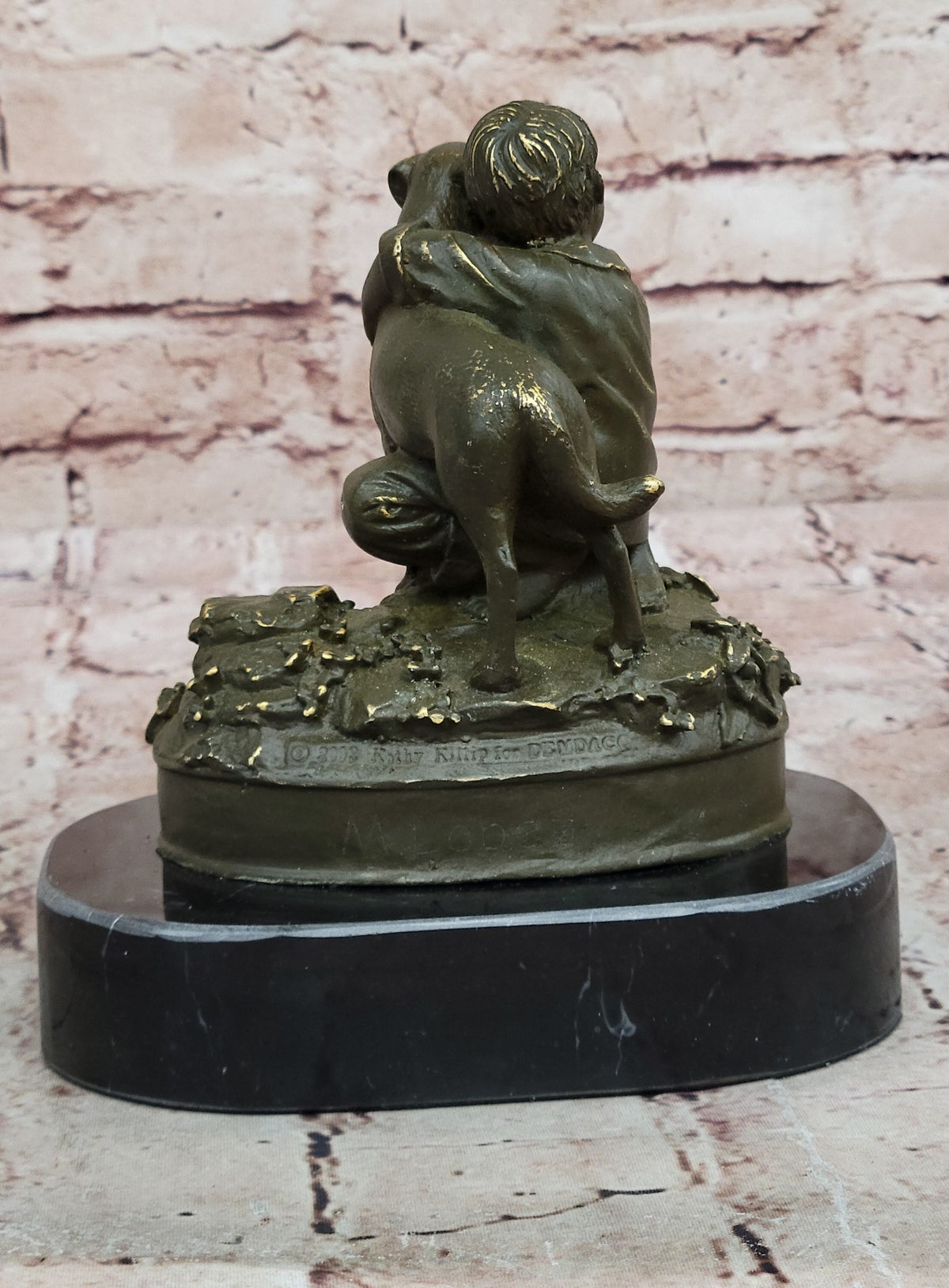 Boy Hugging Dog Bronze Sculpture on Marble Base