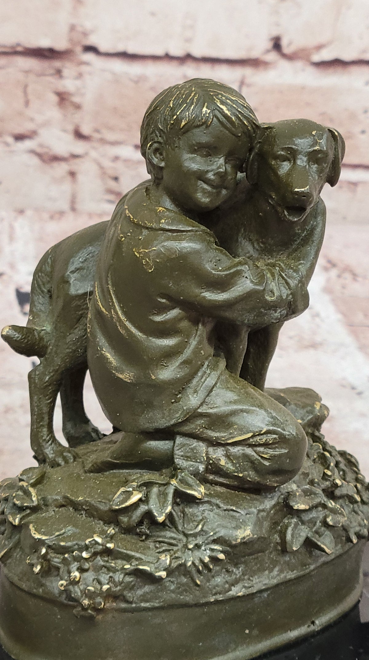 Boy Hugging Dog Bronze Sculpture on Marble Base