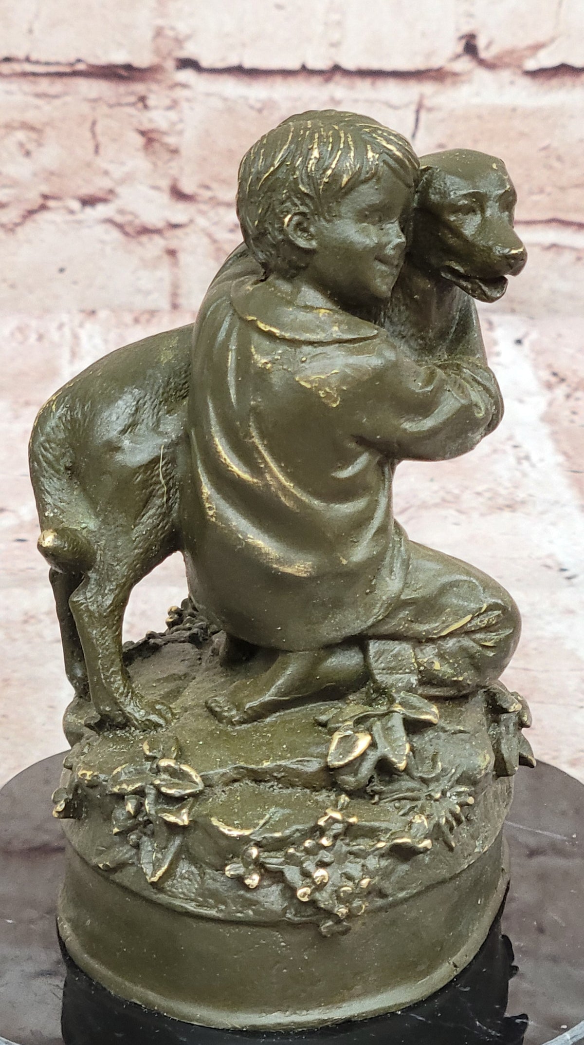 Boy Hugging Dog Bronze Sculpture on Marble Base