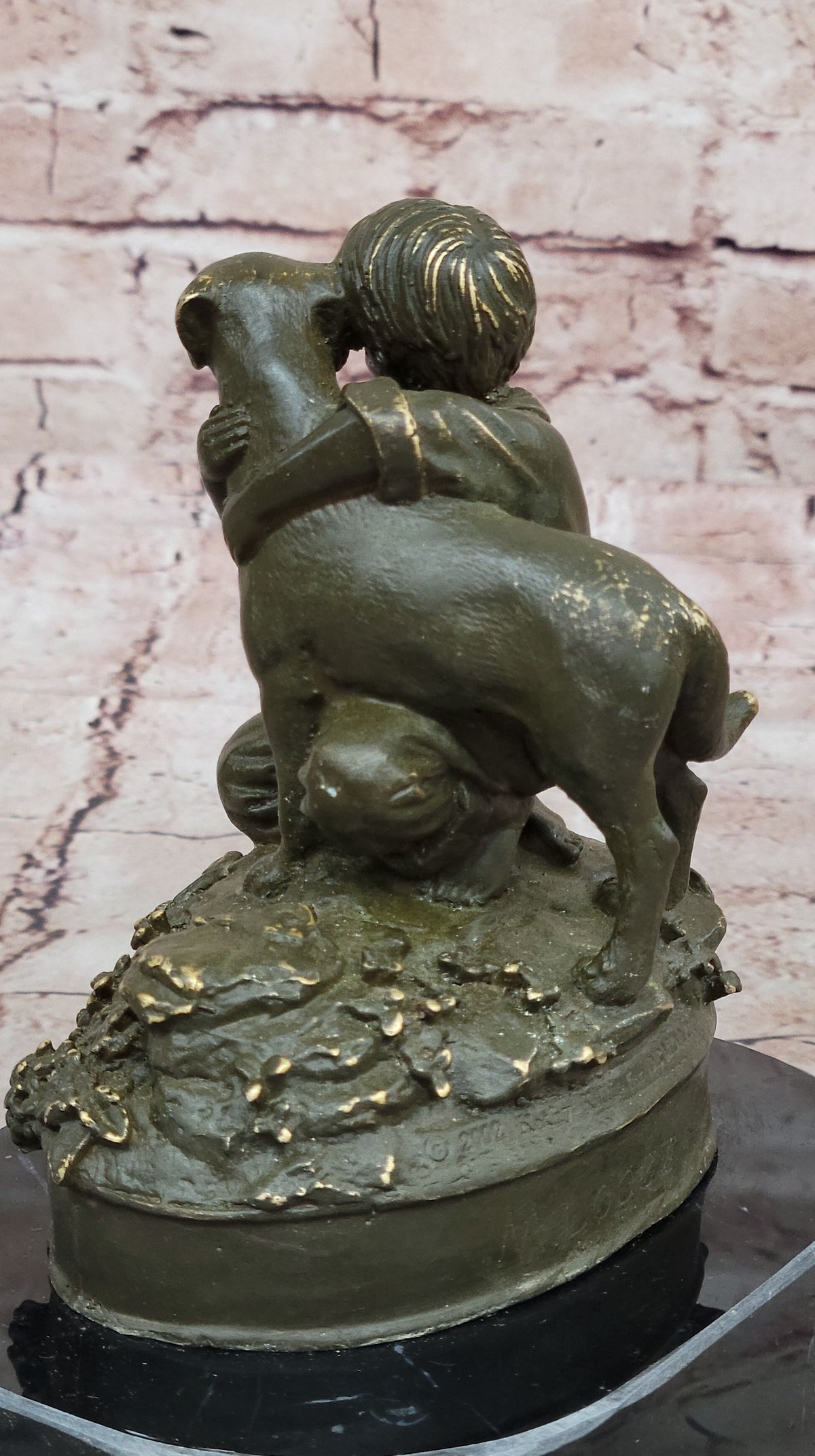 Boy Hugging Dog Bronze Sculpture on Marble Base