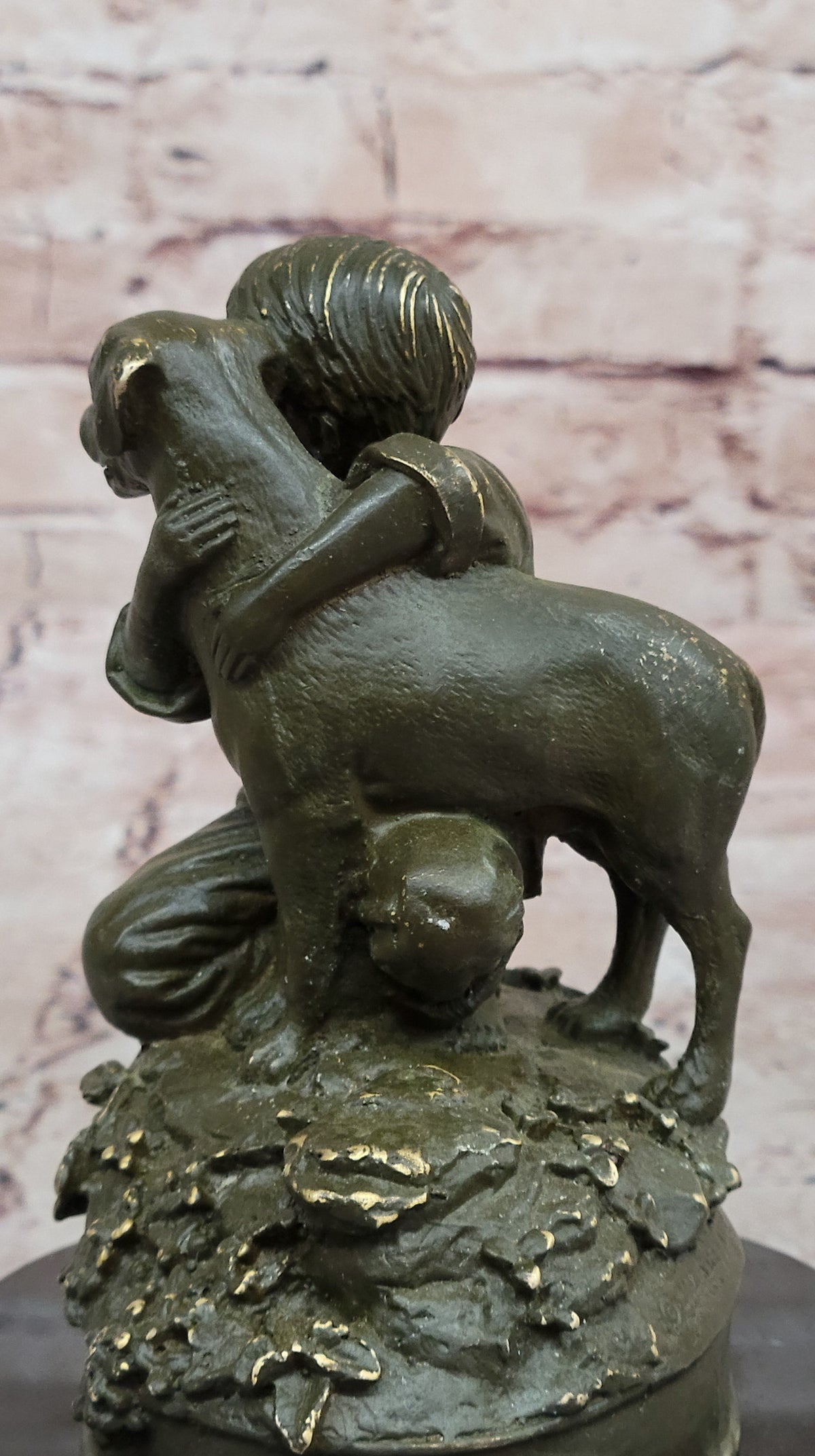 Boy Hugging Dog Bronze Sculpture on Marble Base