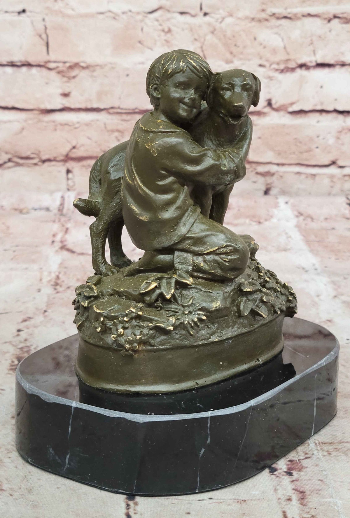 Boy Hugging Dog Bronze Sculpture on Marble Base