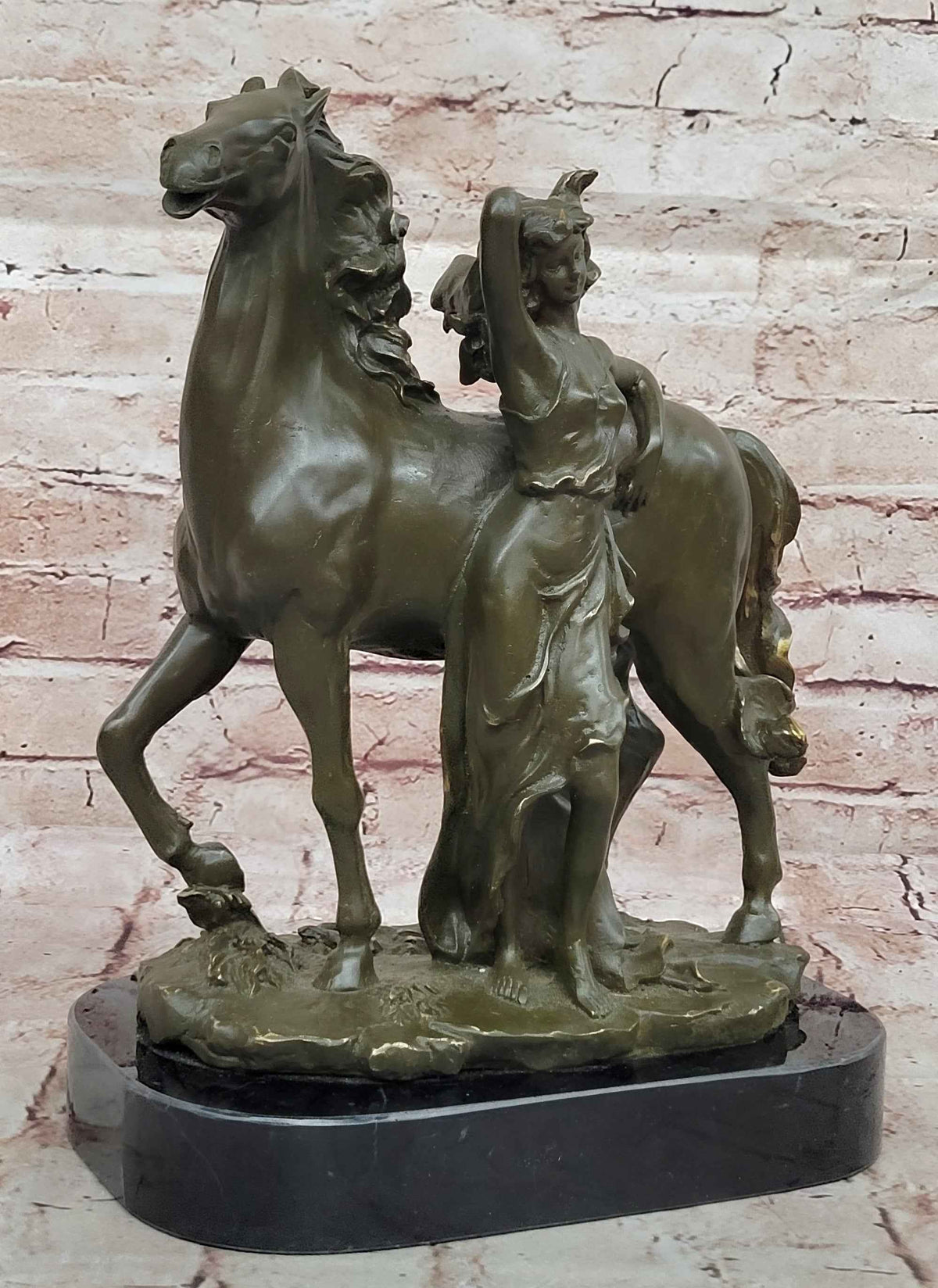 Art Nouveau Style Bronze Woman and Horse – Decorative Sculpture on Marble