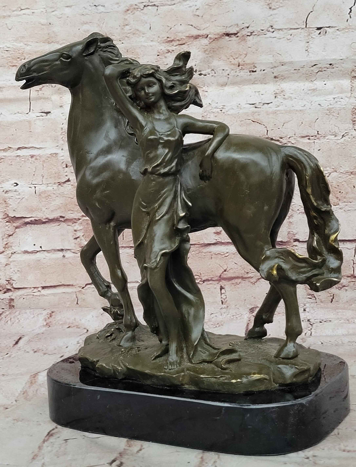 Art Nouveau Style Bronze Woman and Horse – Decorative Sculpture on Marble