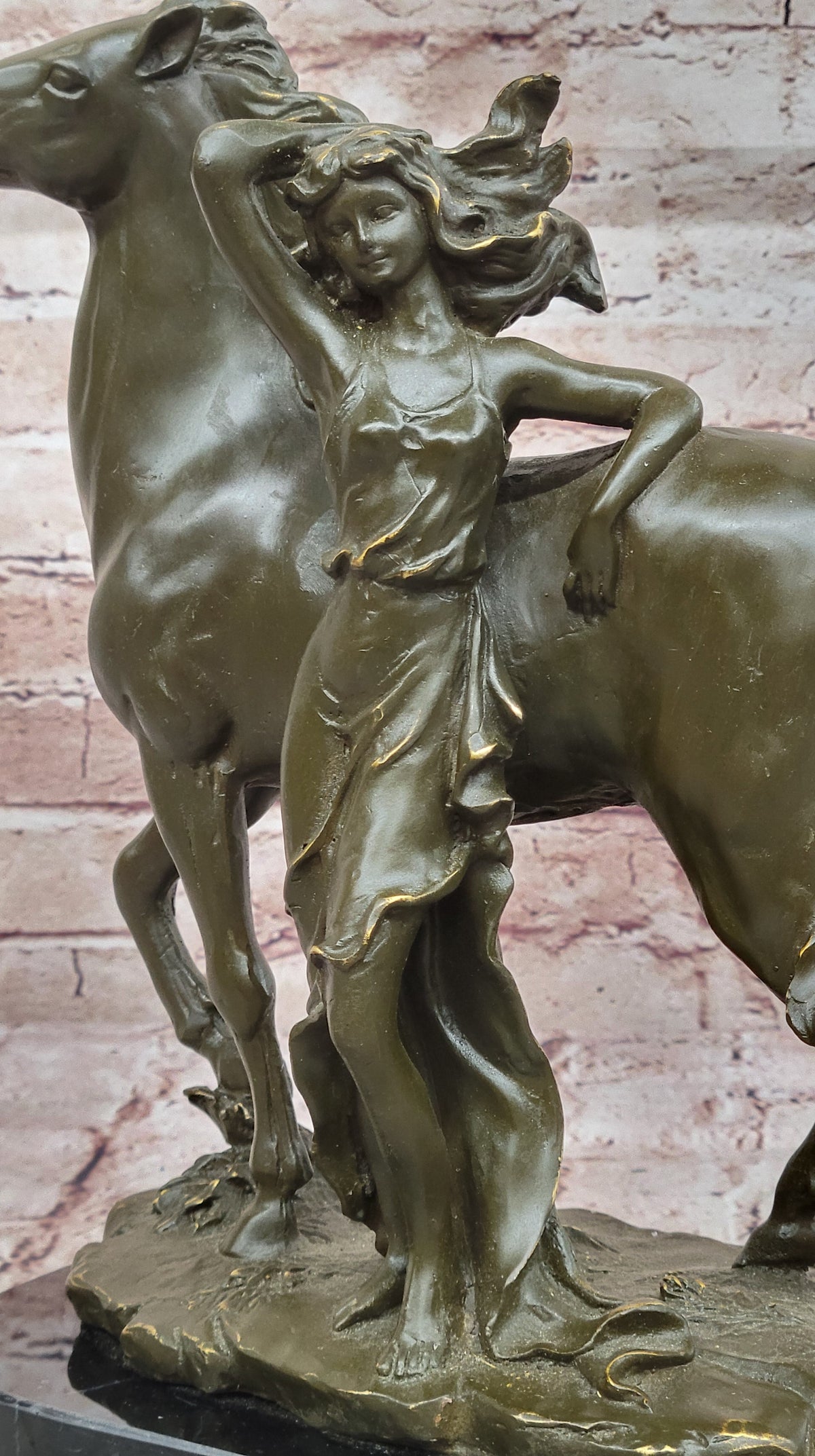 Art Nouveau Style Bronze Woman and Horse – Decorative Sculpture on Marble