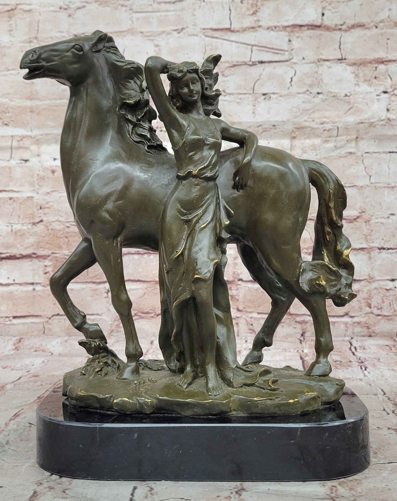 Art Nouveau Style Bronze Woman and Horse – Decorative Sculpture on Marble