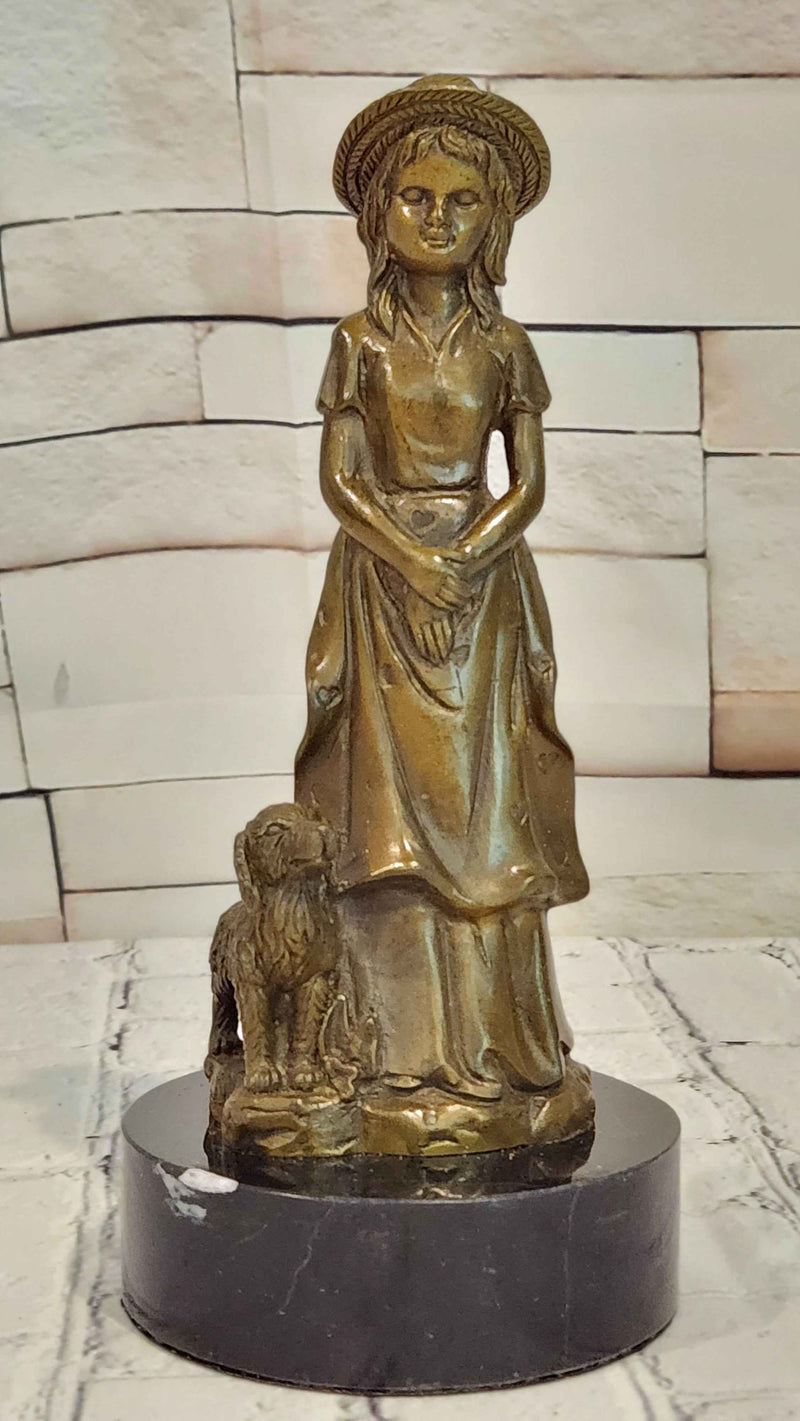 Bronze Girl With Dog Sculpture Victorian Child Statue