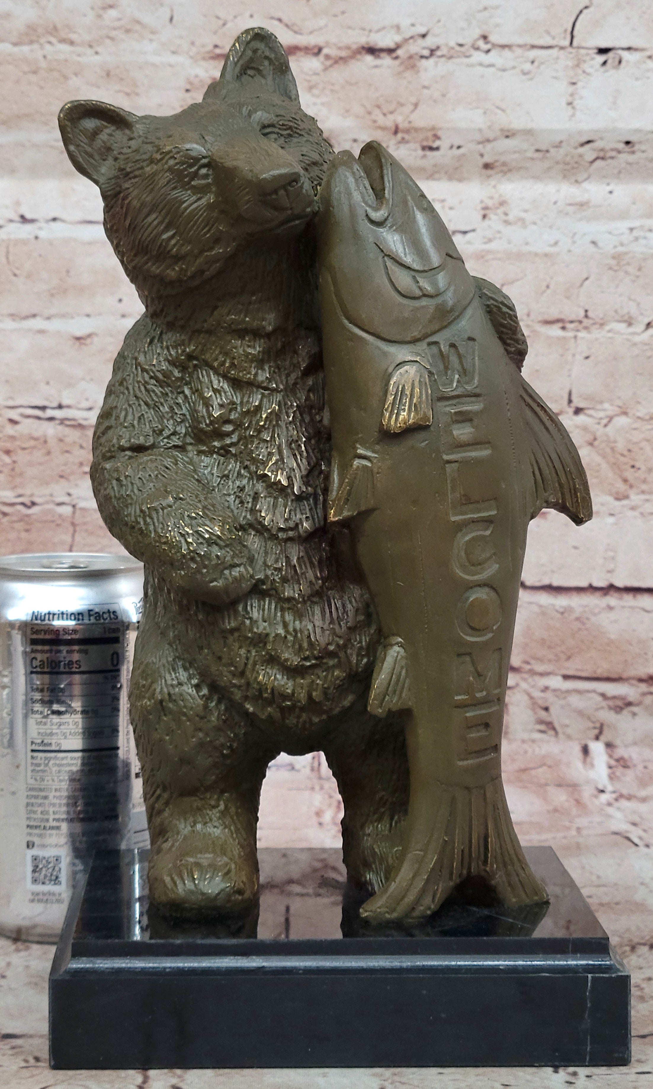 Bronze Bear Welcome Statue; Bear with Fish Cabin Decor