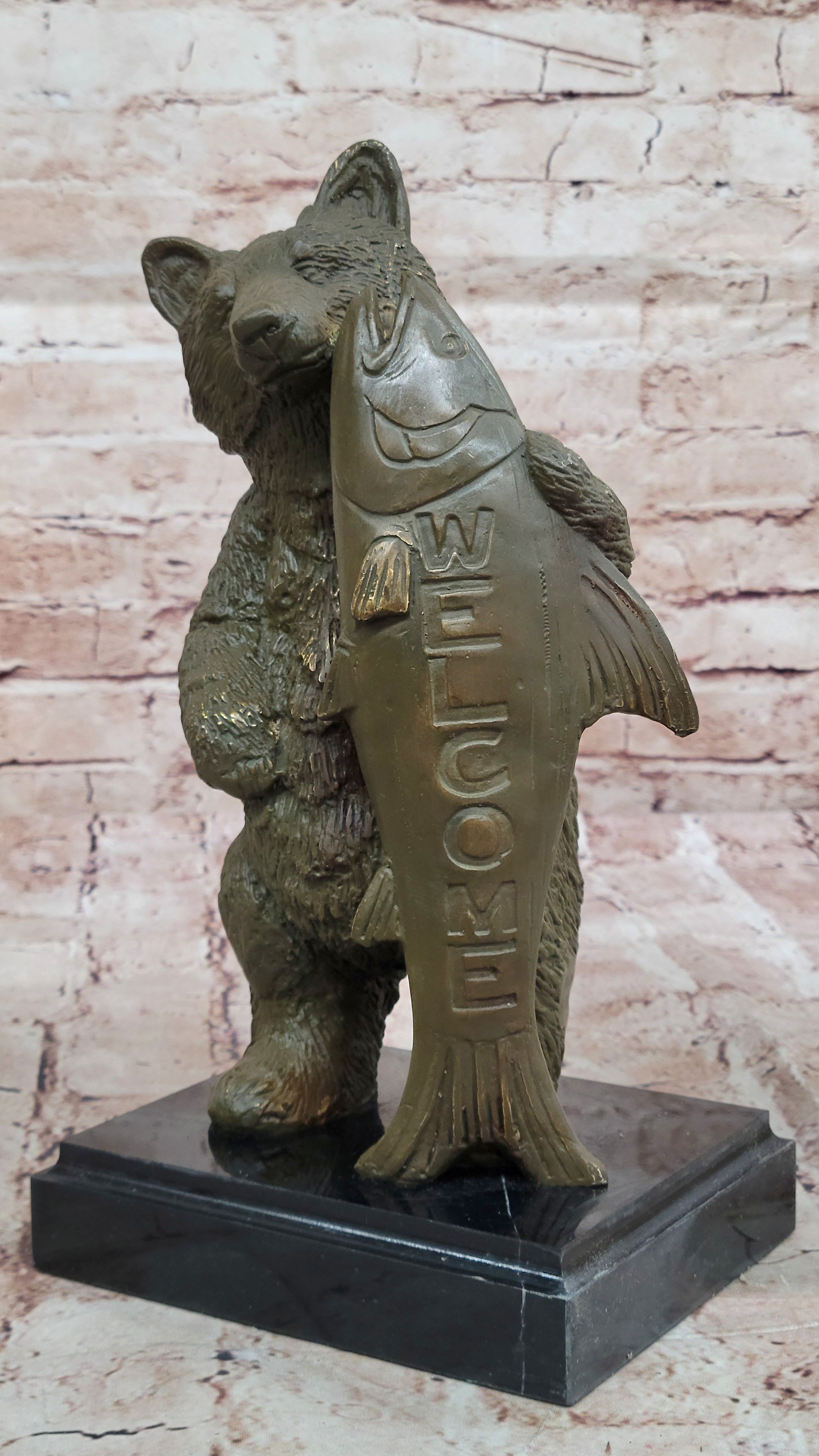 Bronze Bear Welcome Statue; Bear with Fish Cabin Decor
