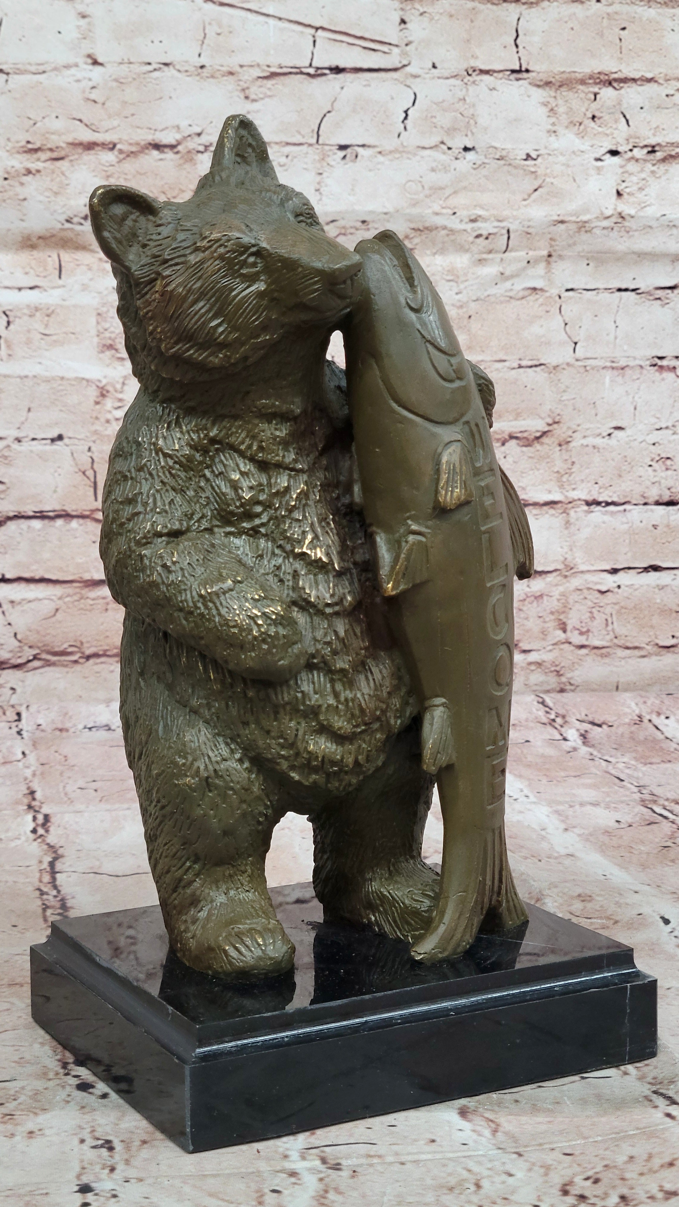 Bronze Bear Welcome Statue; Bear with Fish Cabin Decor