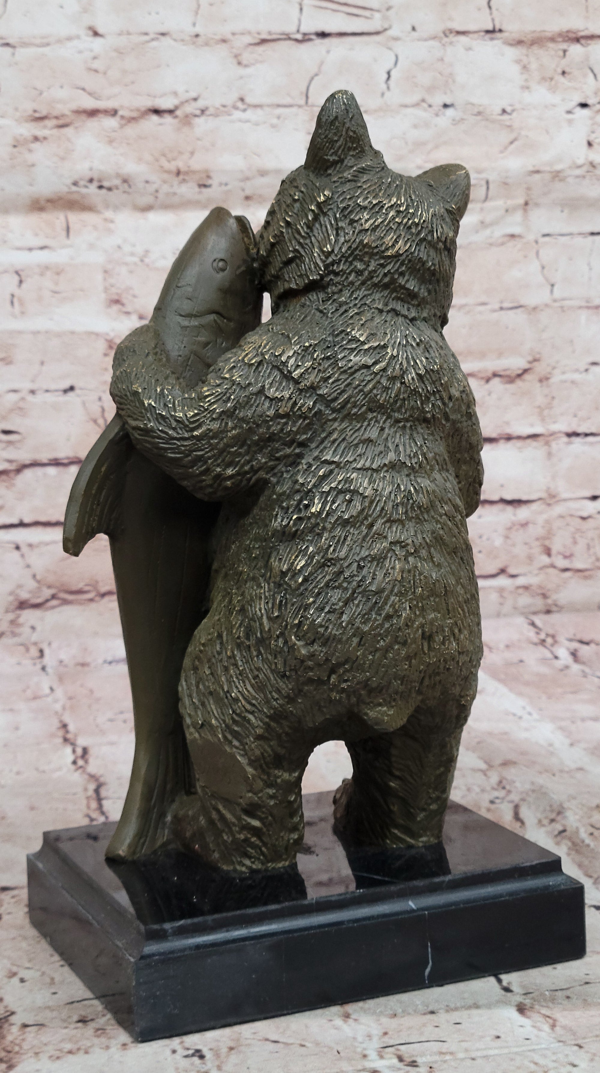Bronze Bear Welcome Statue; Bear with Fish Cabin Decor