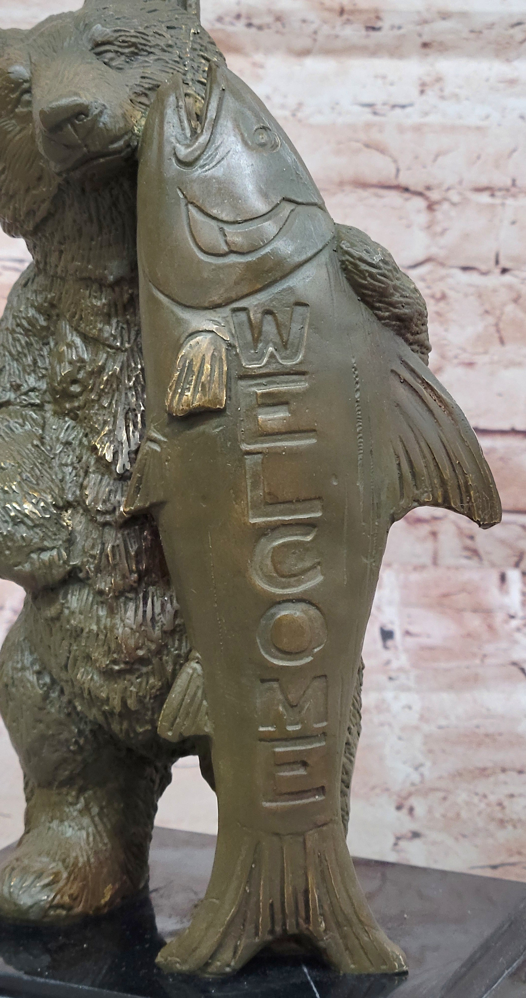 Bronze Bear Welcome Statue; Bear with Fish Cabin Decor