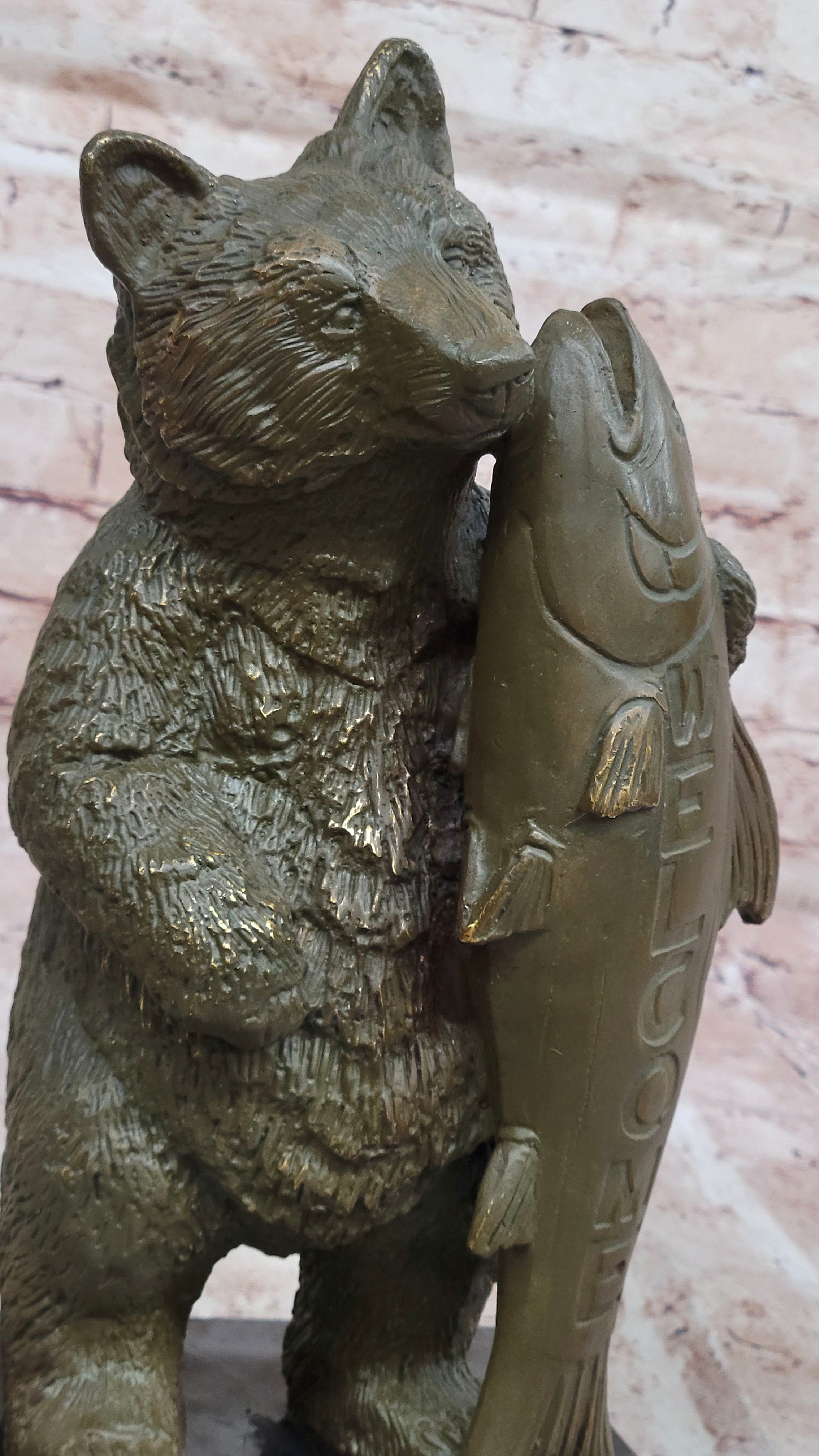 Bronze Bear Welcome Statue; Bear with Fish Cabin Decor