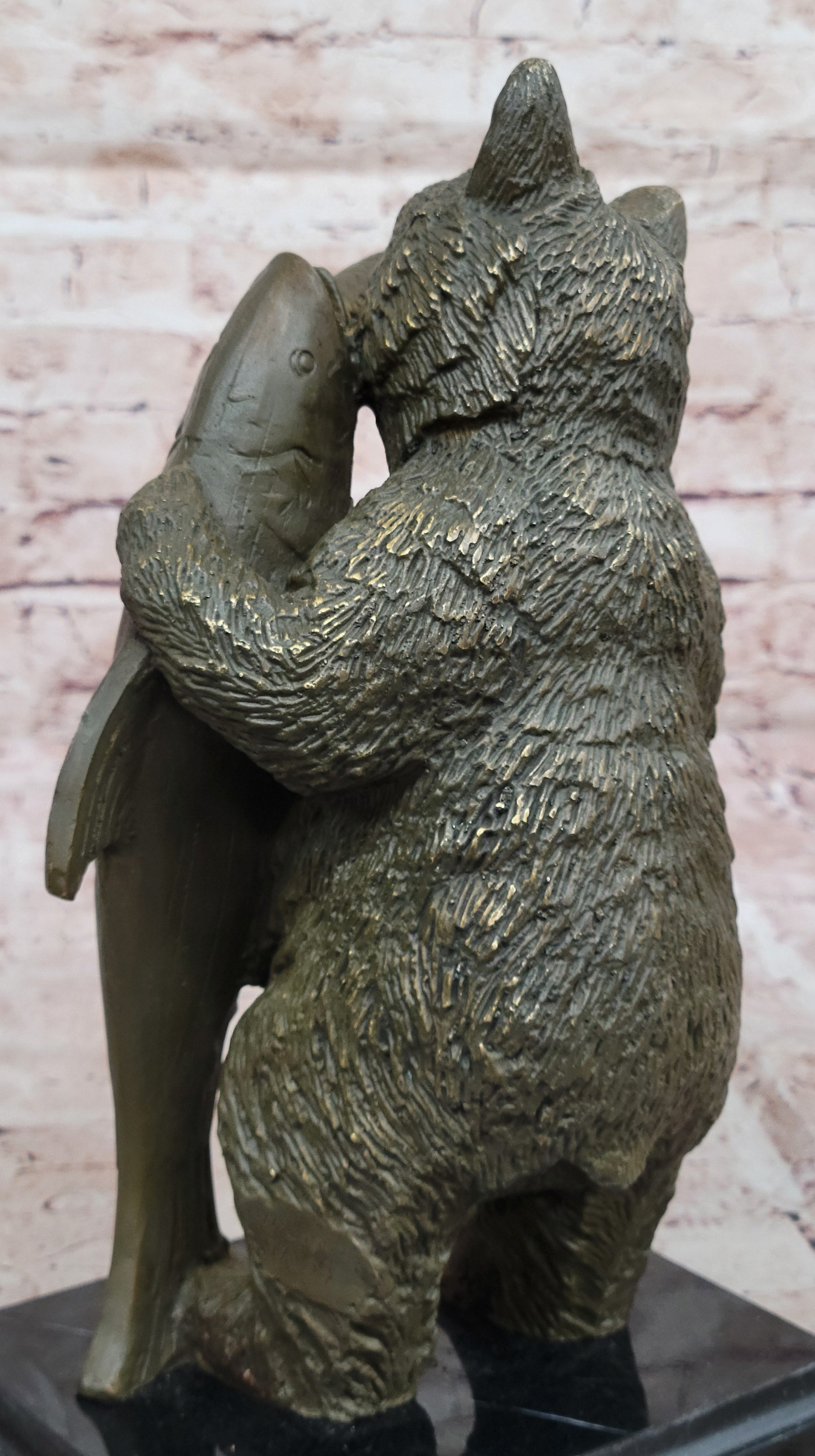 Bronze Bear Welcome Statue; Bear with Fish Cabin Decor