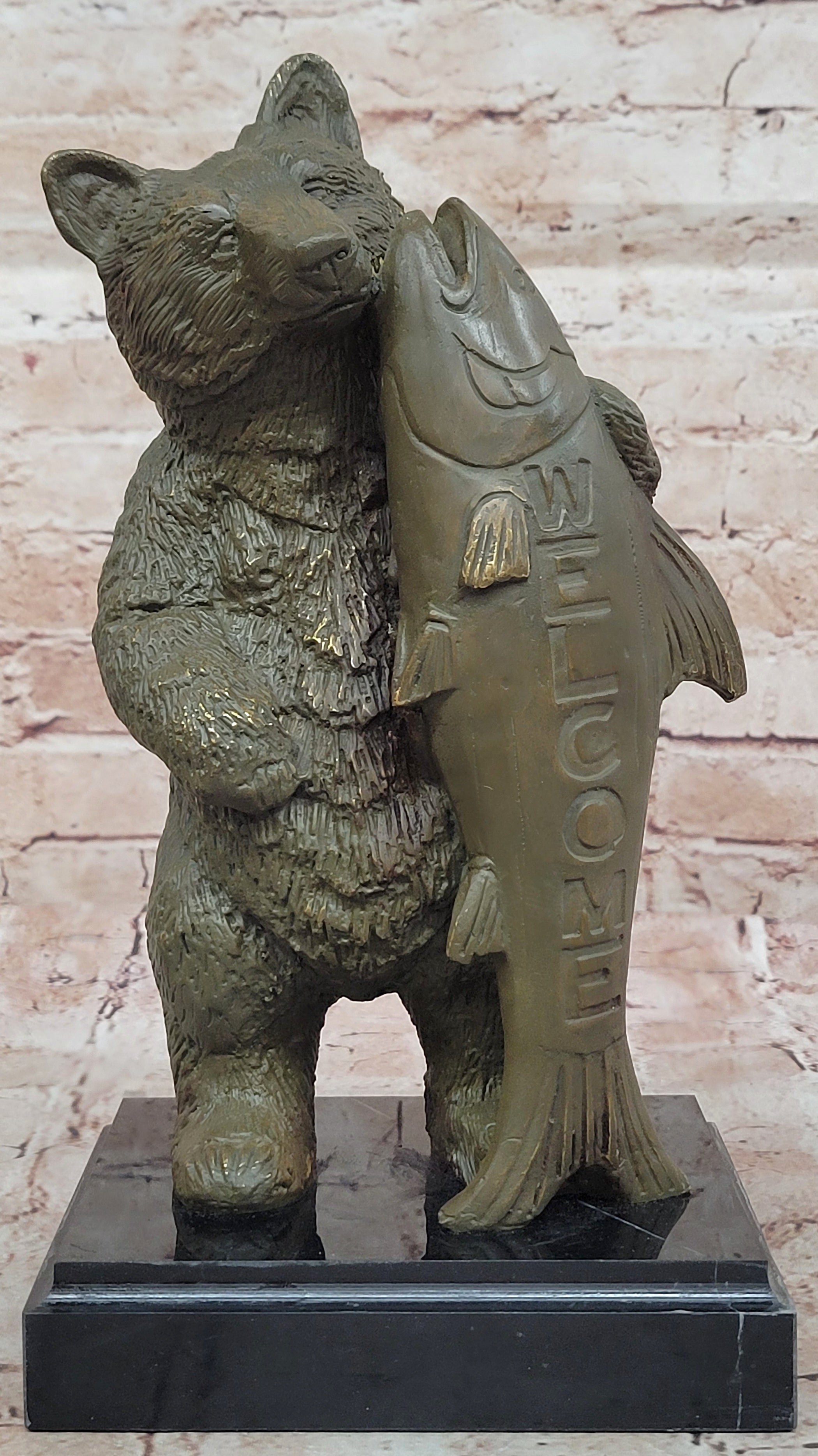 Bronze Bear Welcome Statue; Bear with Fish Cabin Decor
