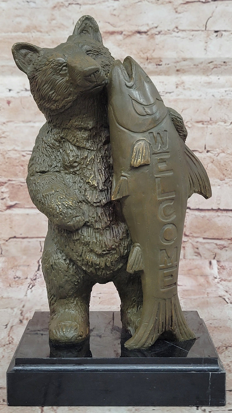 Bronze Bear Welcome Statue; Bear with Fish Cabin Decor