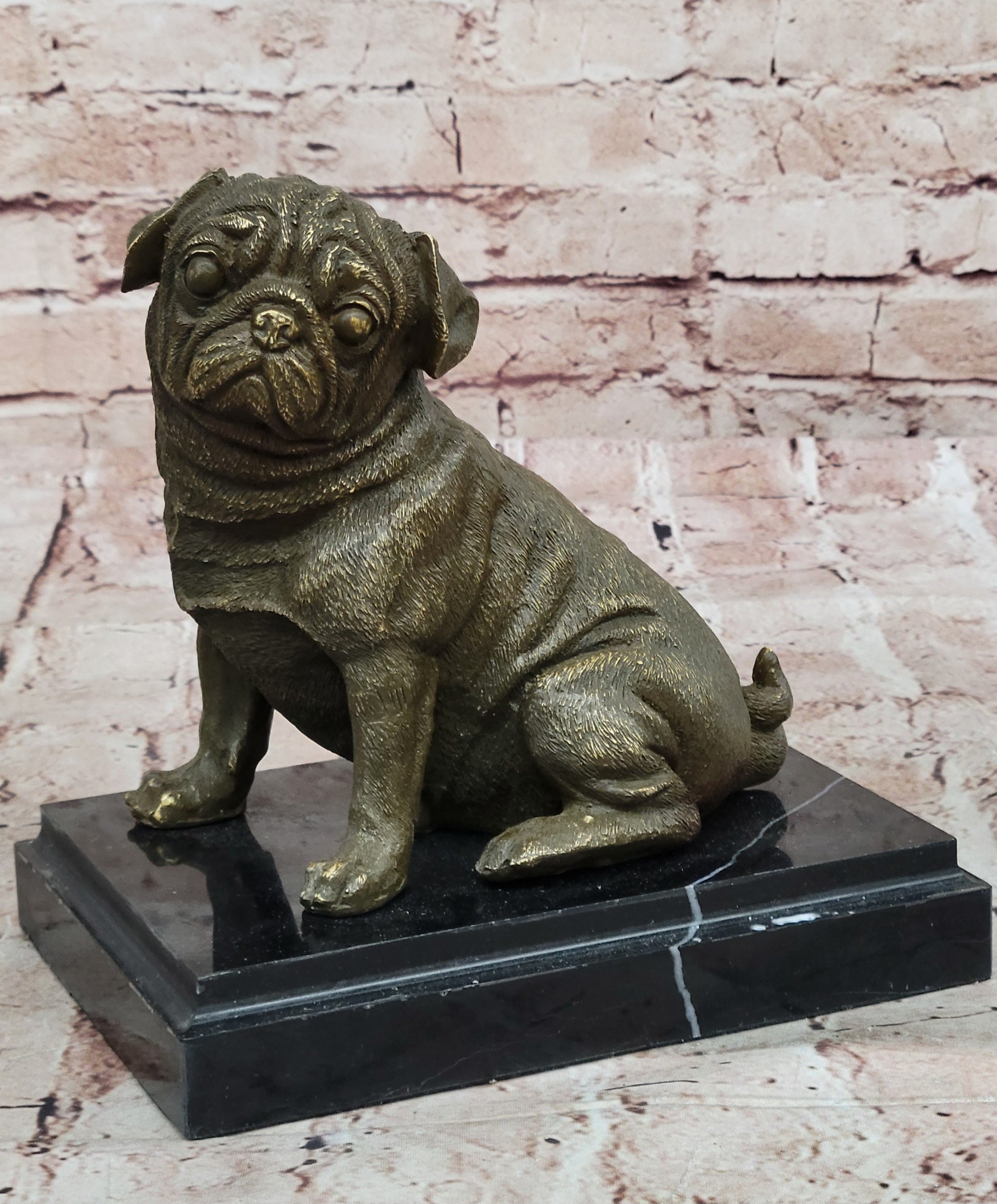Sitting Pug Bronze Sculpture - Realistic Dog Breed Animal Art