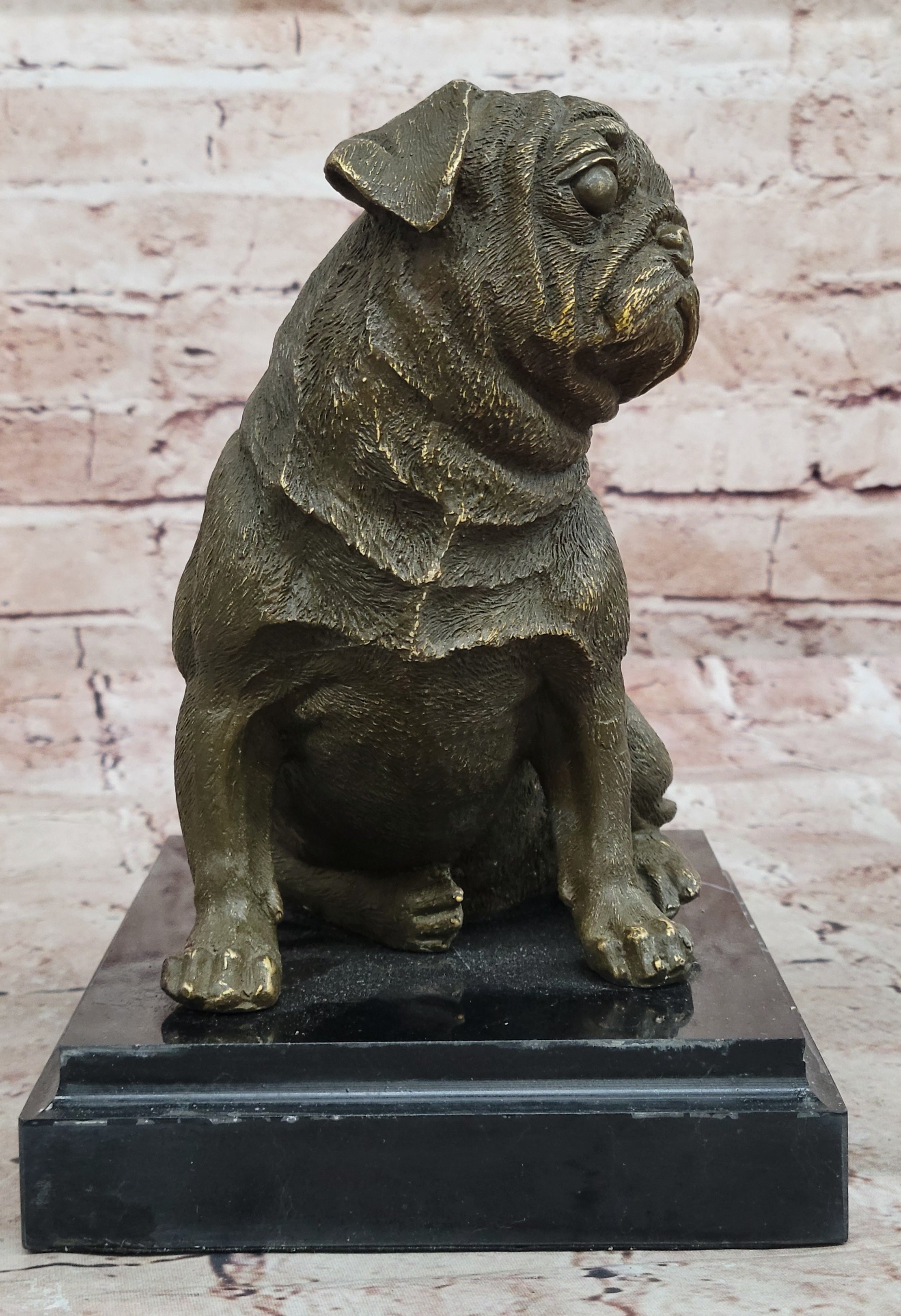 Sitting Pug Bronze Sculpture - Realistic Dog Breed Animal Art