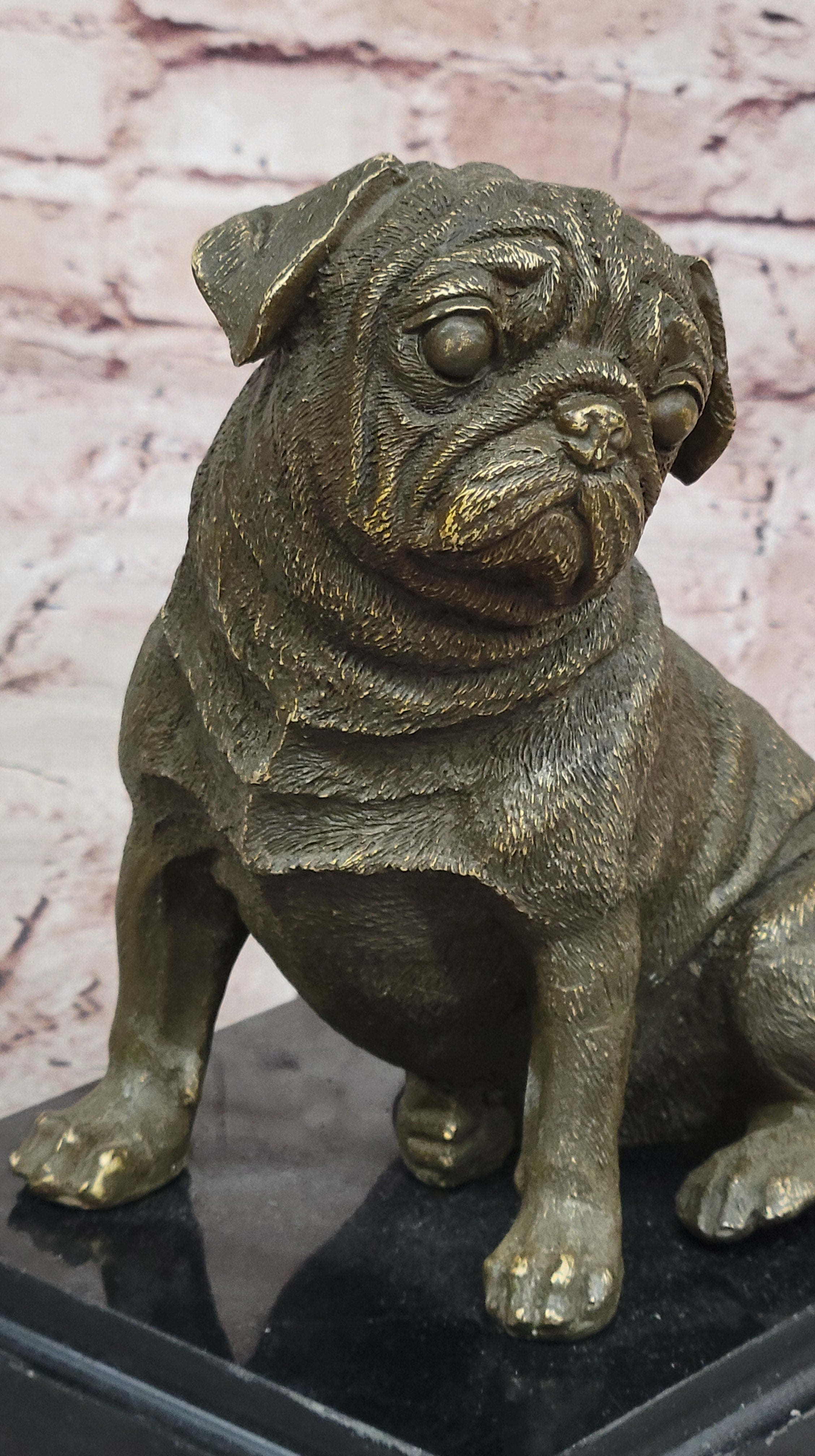 Sitting Pug Bronze Sculpture - Realistic Dog Breed Animal Art