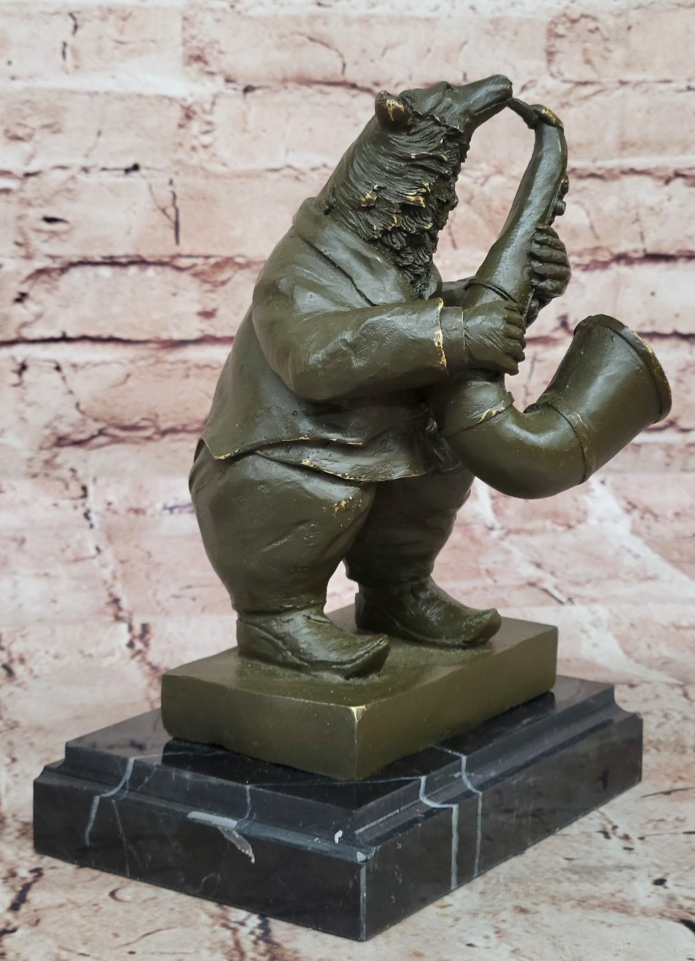 Bear Playing Saxophone Bronze Sculpture - Whimsical Animal Music Art