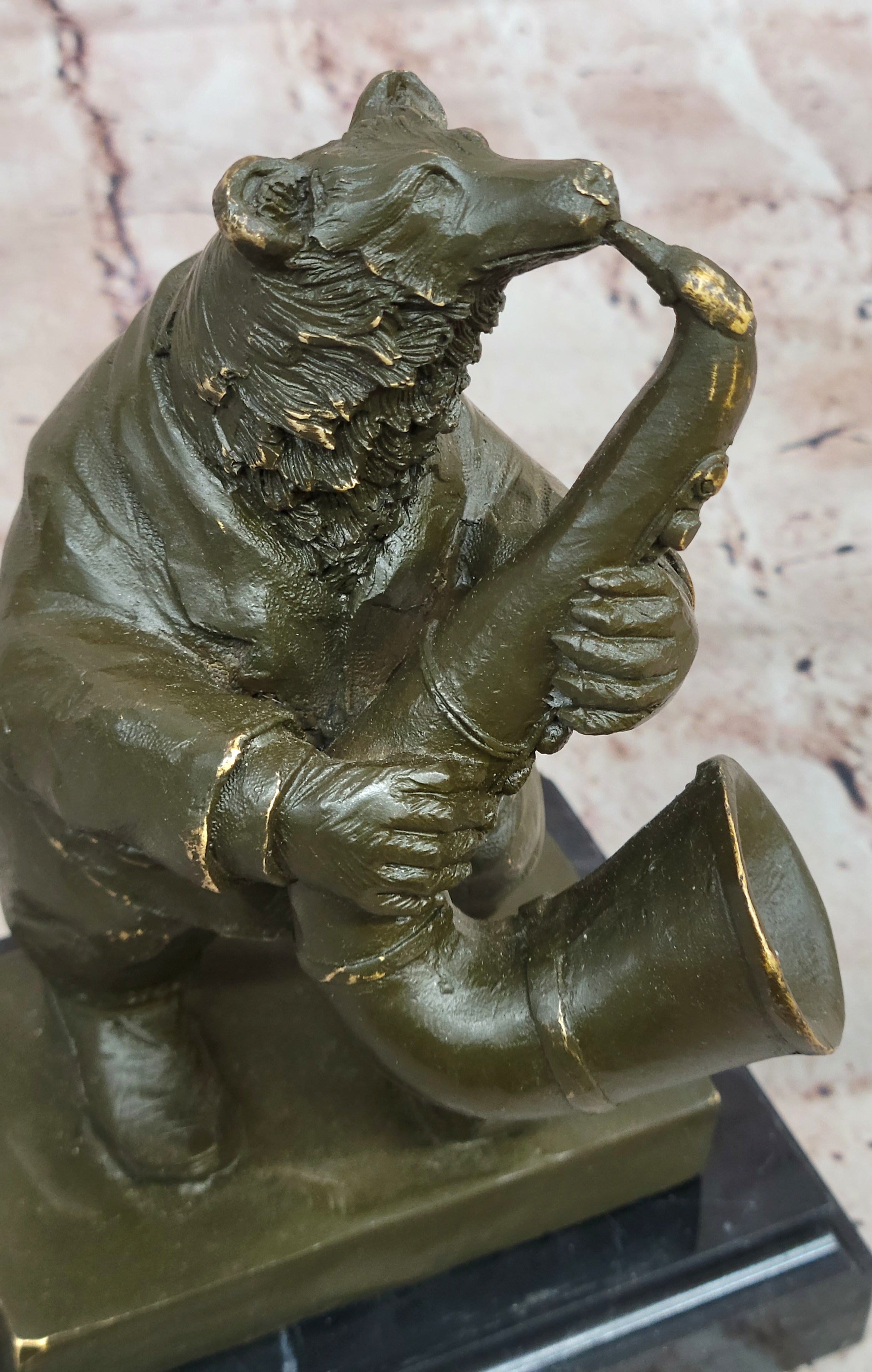 Bear Playing Saxophone Bronze Sculpture - Whimsical Animal Music Art