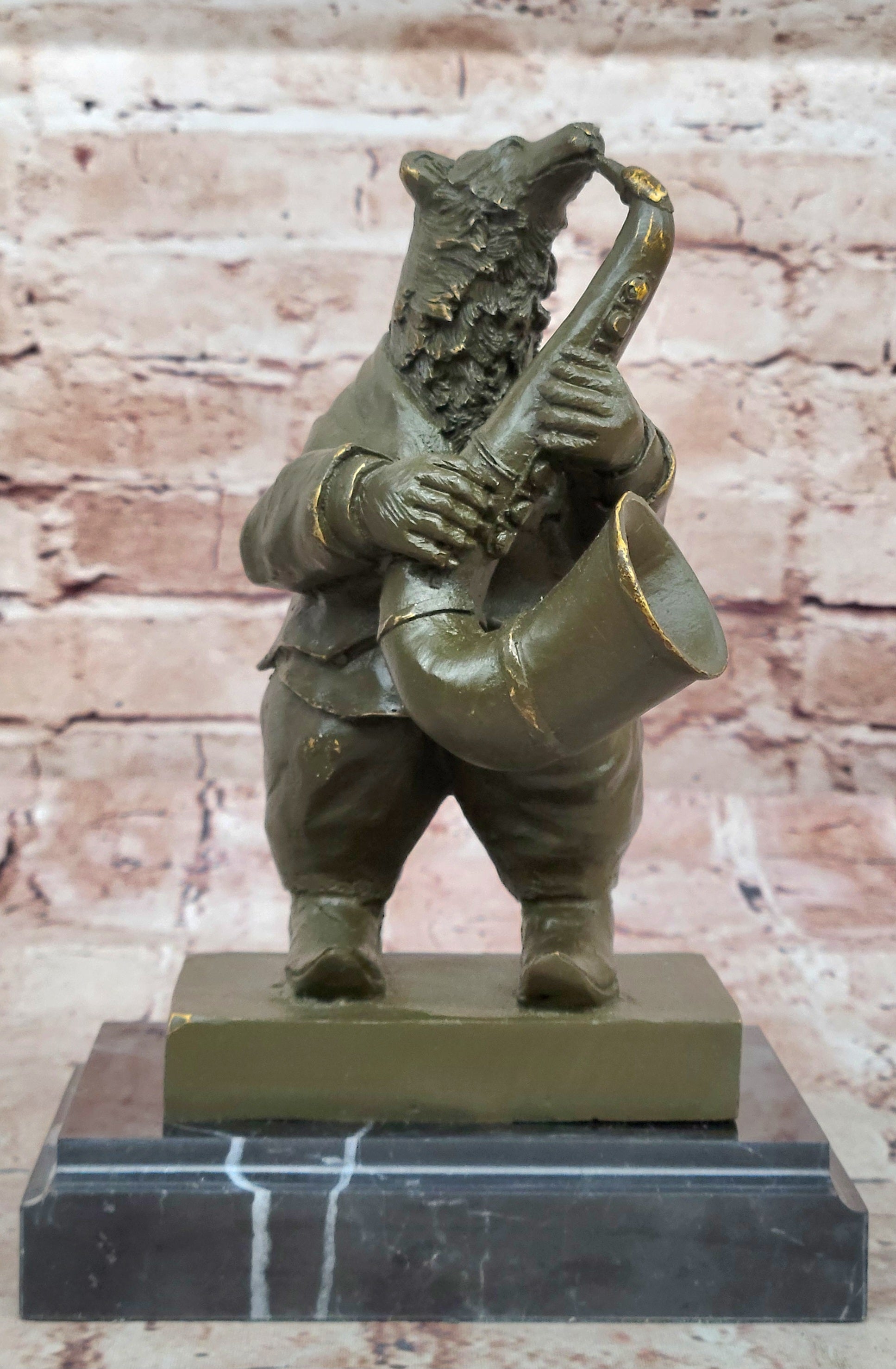 Bear Playing Saxophone Bronze Sculpture - Whimsical Animal Music Art
