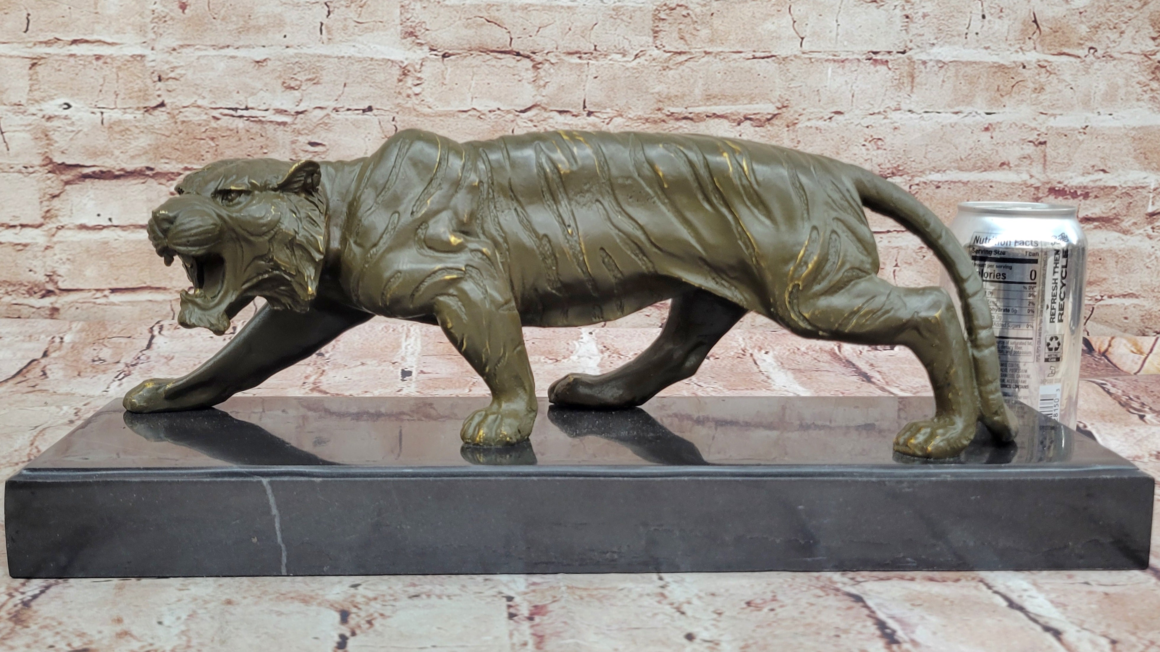 Roaring Bronze Tiger Sculpture on Marble Base; Wildlife Art