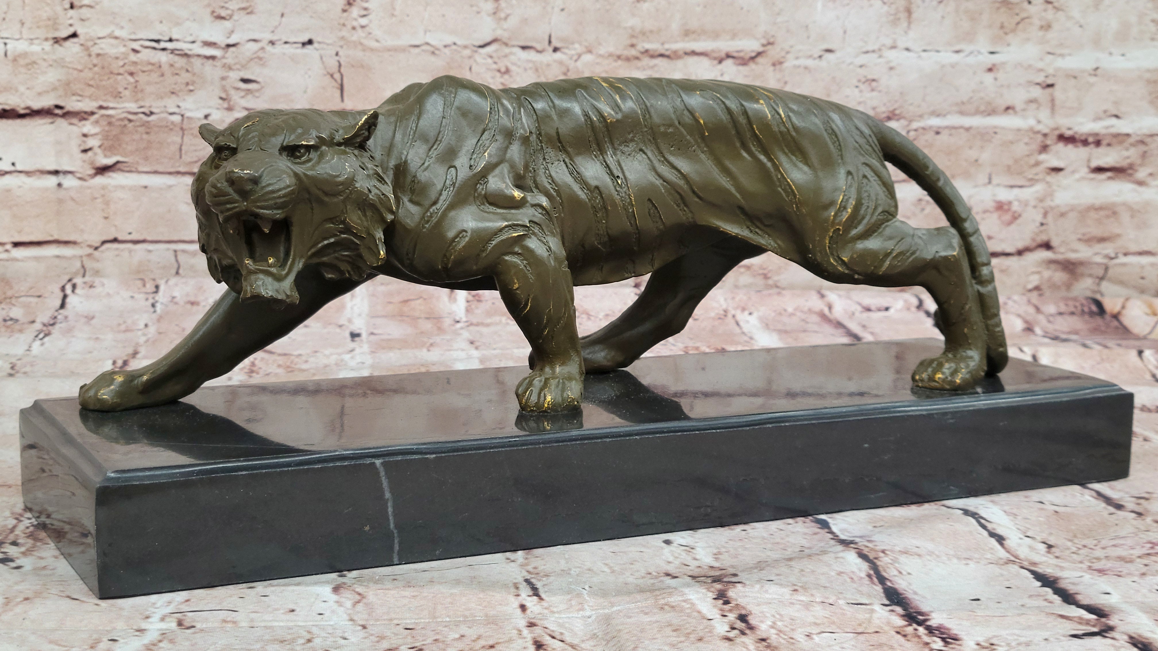 Roaring Bronze Tiger Sculpture on Marble Base; Wildlife Art