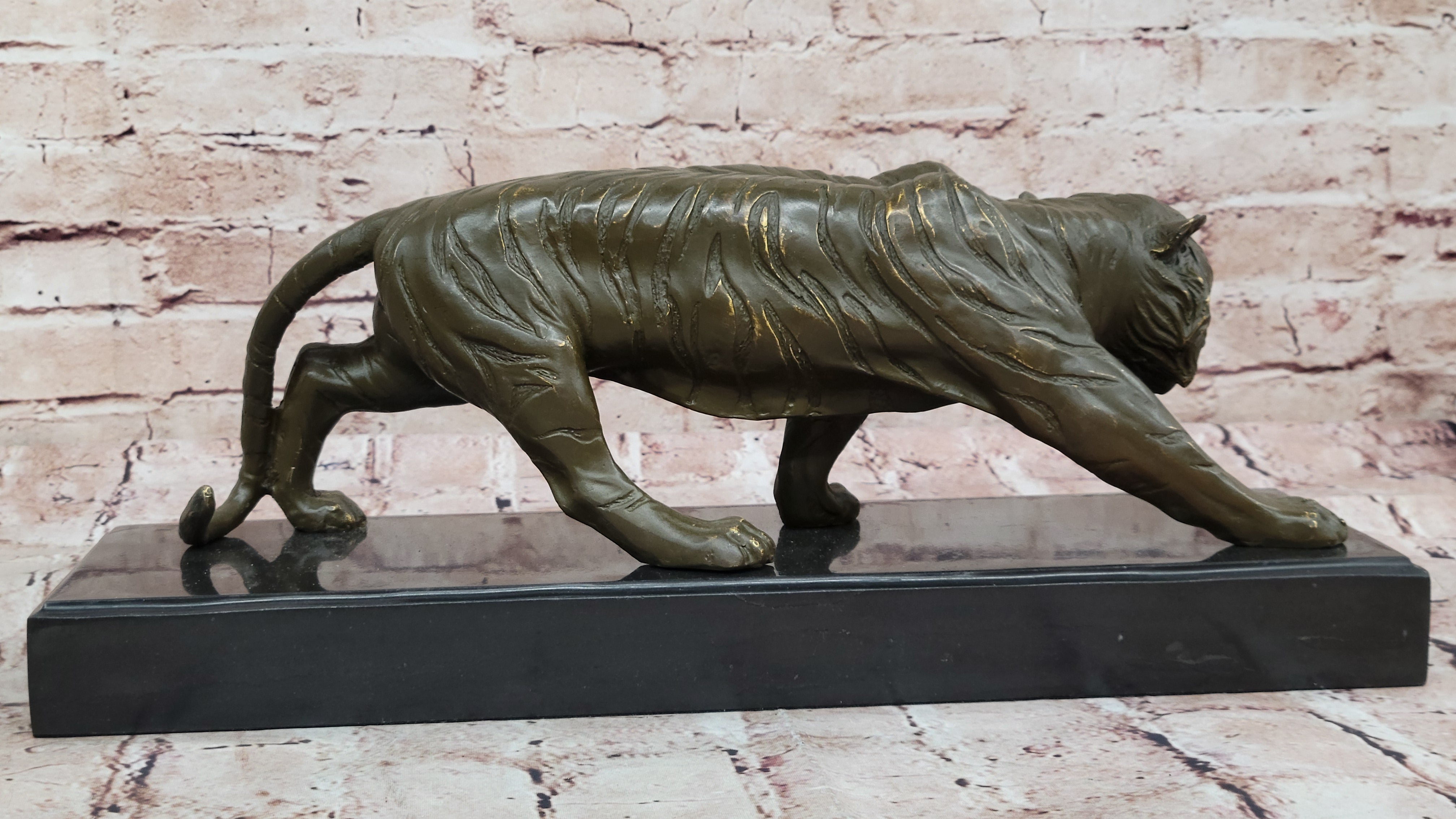 Roaring Bronze Tiger Sculpture on Marble Base; Wildlife Art