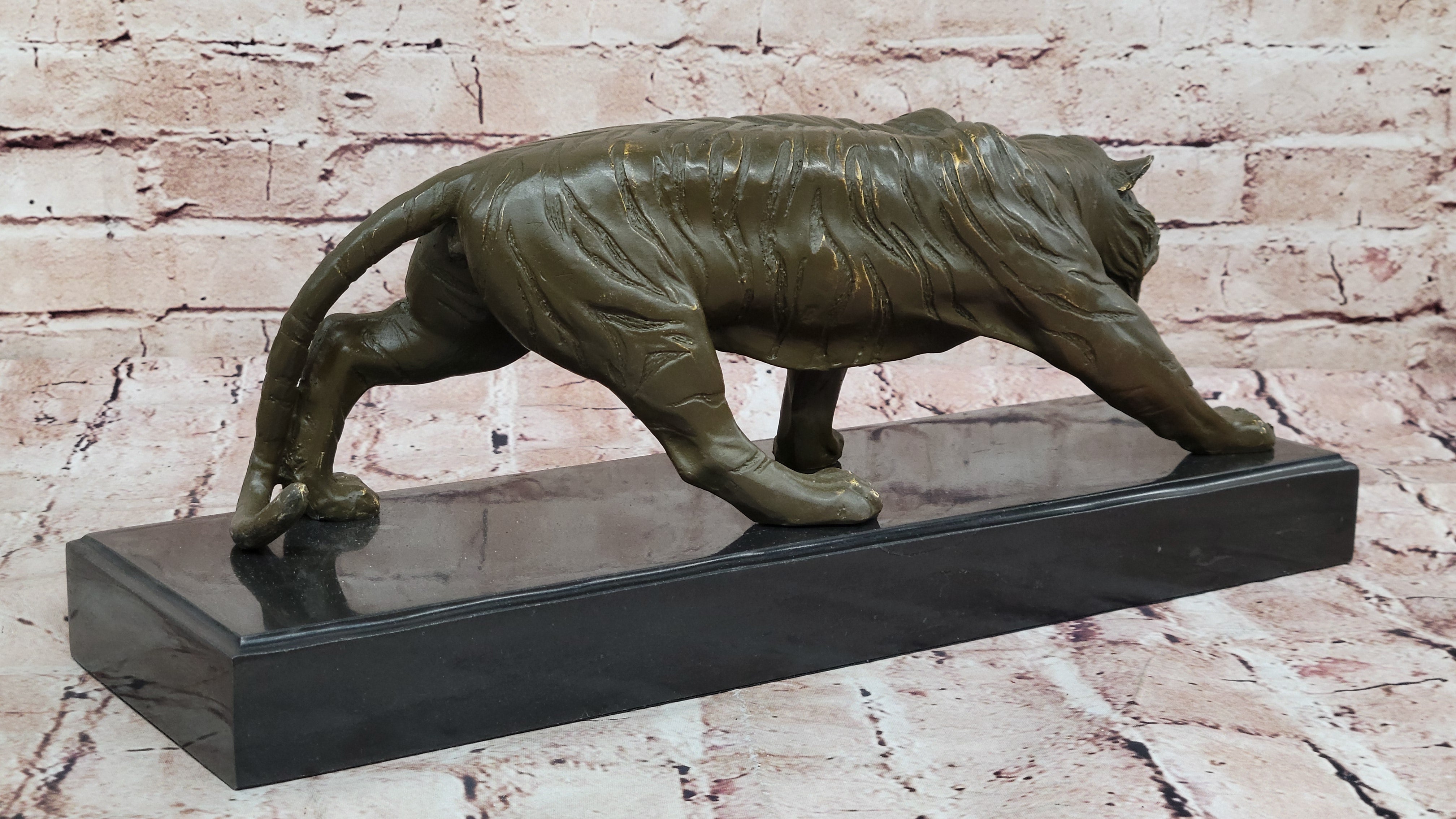 Roaring Bronze Tiger Sculpture on Marble Base; Wildlife Art