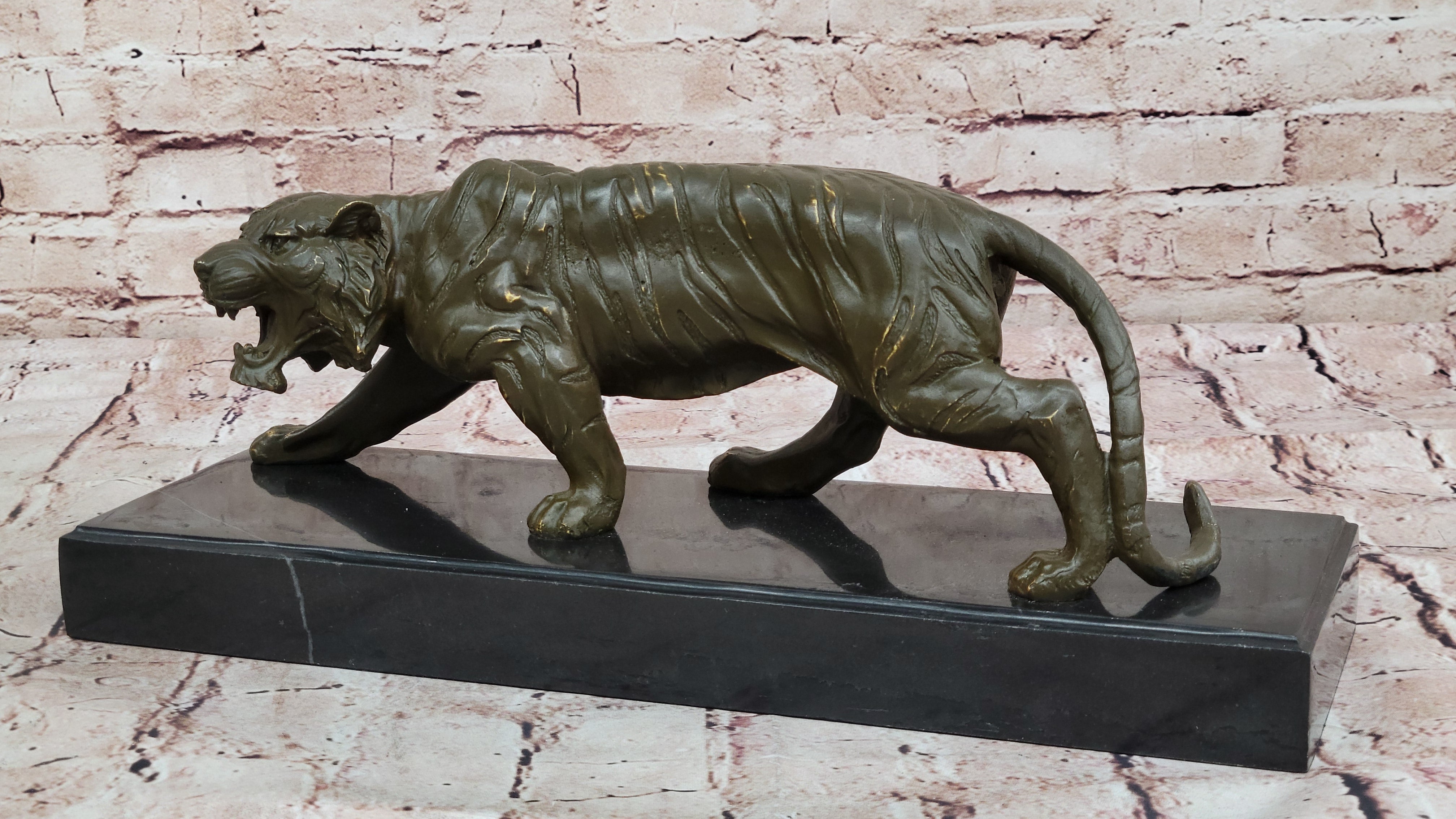 Roaring Bronze Tiger Sculpture on Marble Base; Wildlife Art
