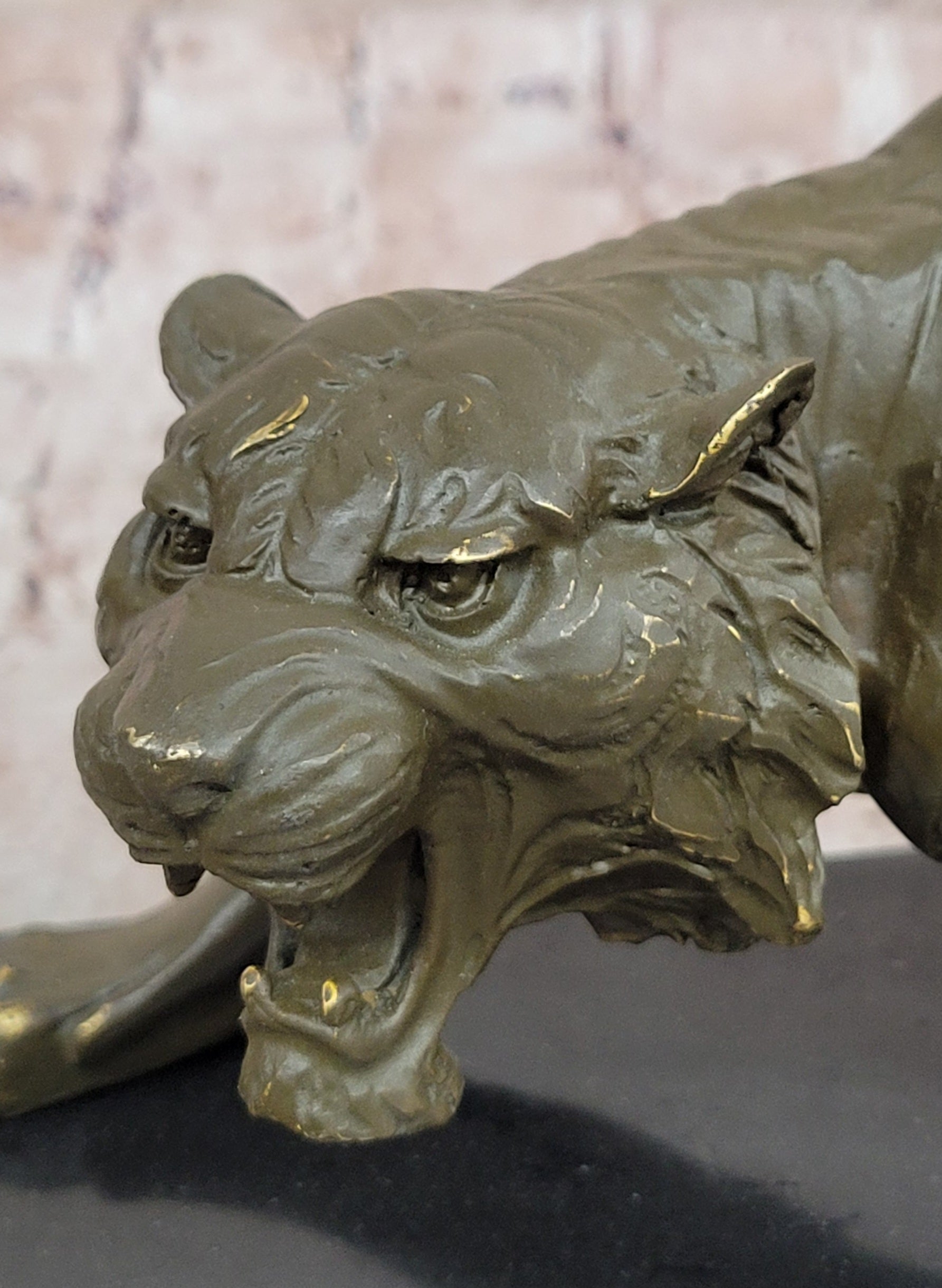 Roaring Bronze Tiger Sculpture on Marble Base; Wildlife Art