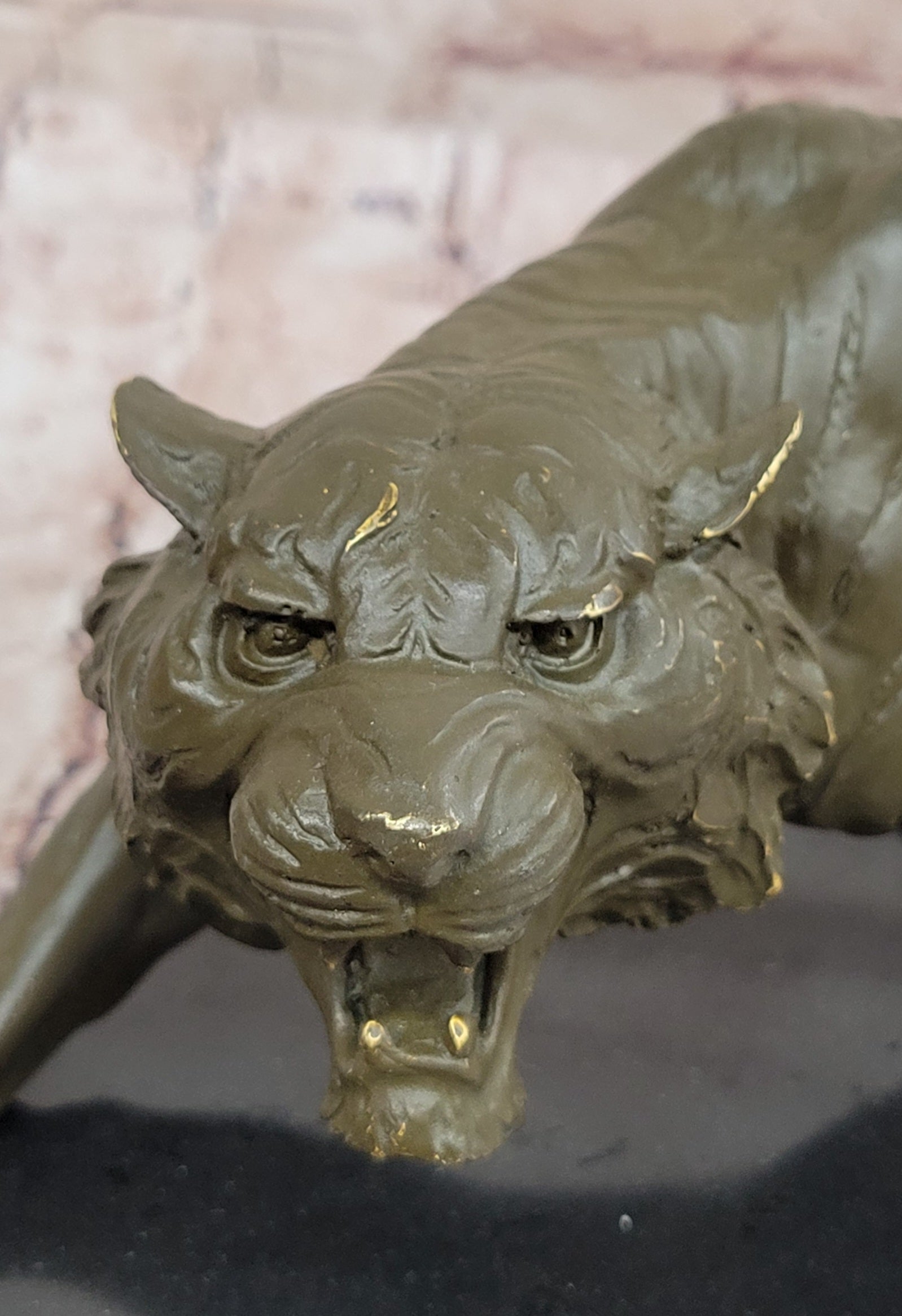 Roaring Bronze Tiger Sculpture on Marble Base; Wildlife Art