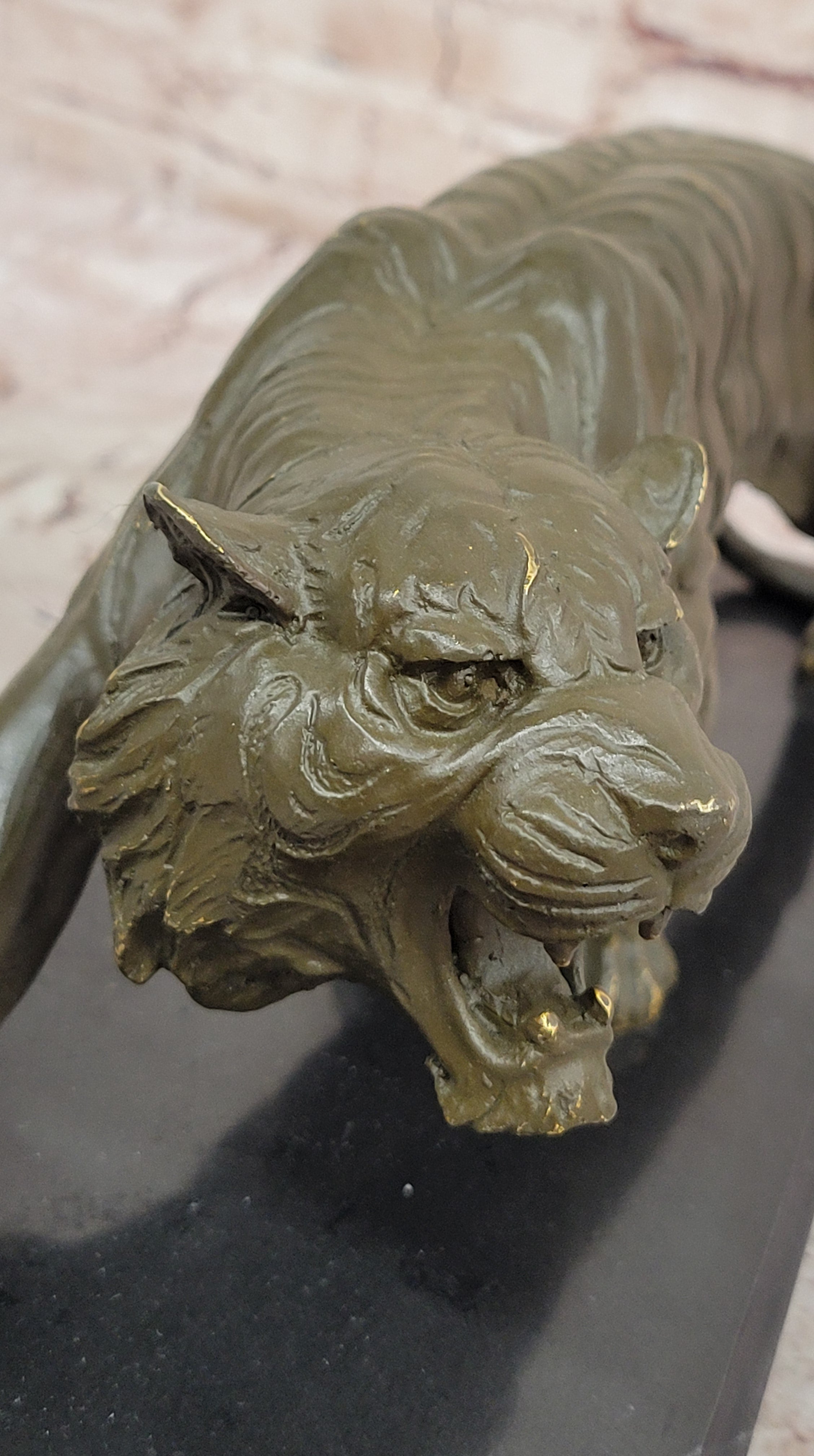 Roaring Bronze Tiger Sculpture on Marble Base; Wildlife Art