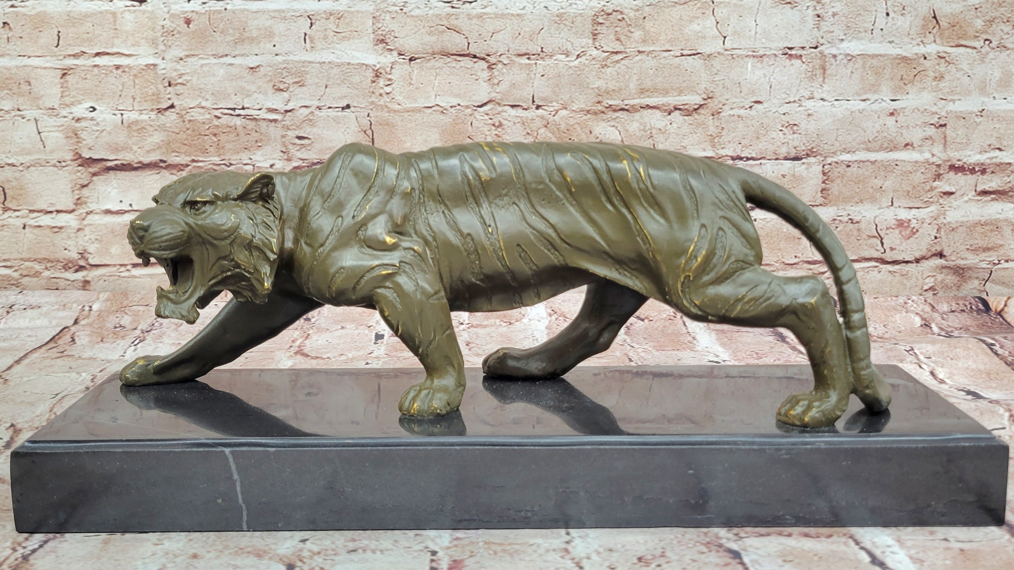Roaring Bronze Tiger Sculpture on Marble Base; Wildlife Art