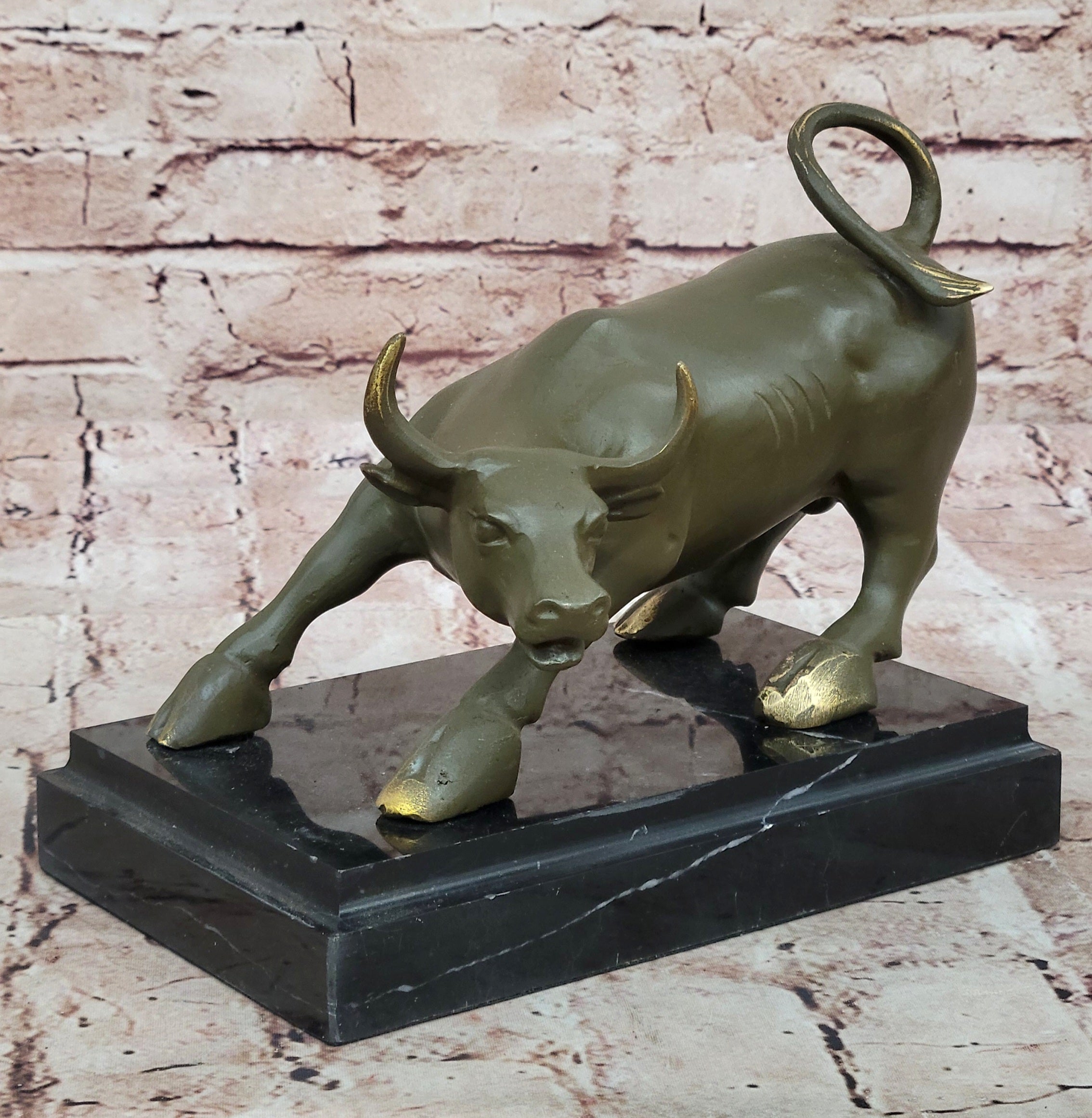 Aggressive Bull Bronze Sculpture on Marble Stand Signed Fisher