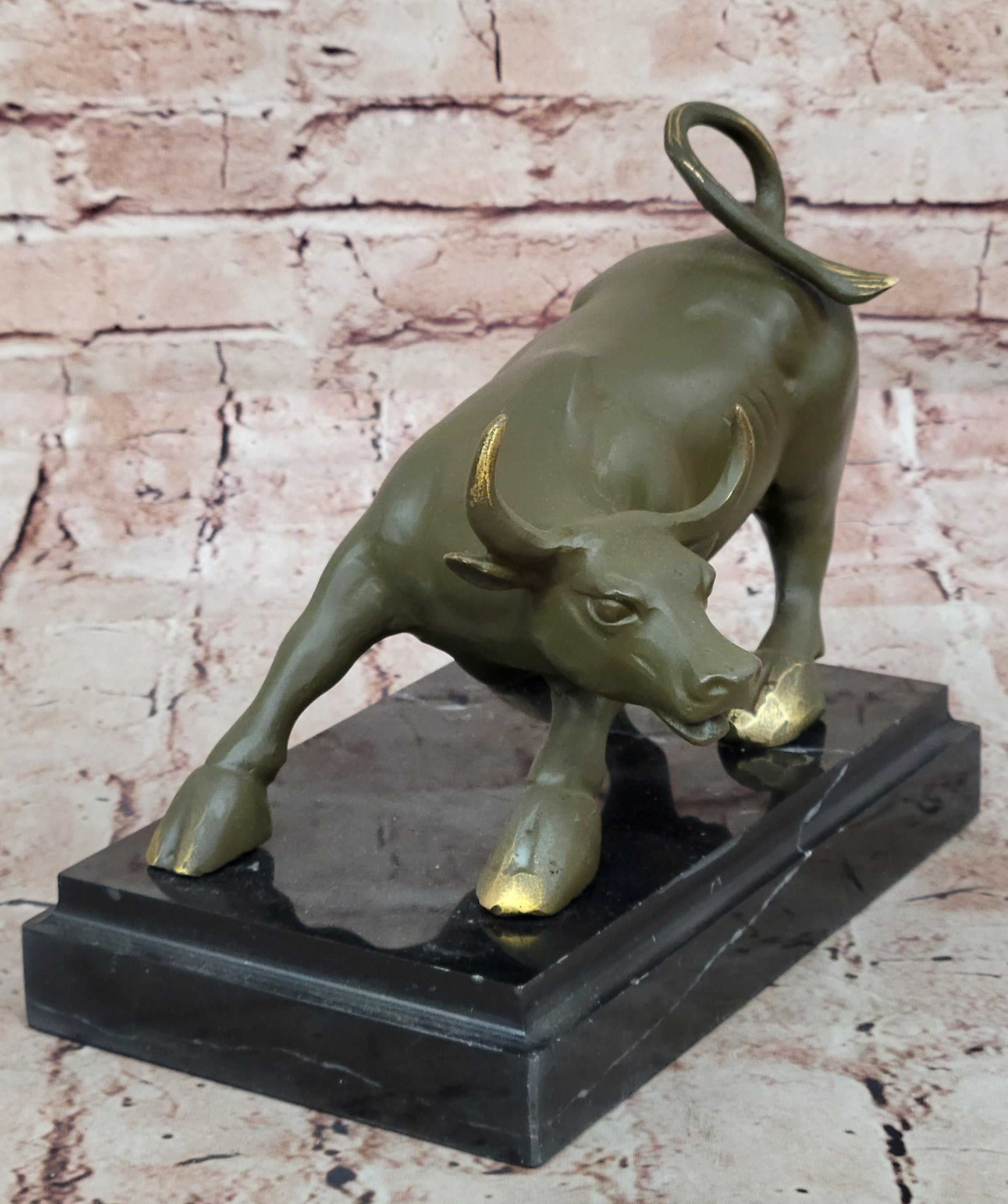Aggressive Bull Bronze Sculpture on Marble Stand Signed Fisher