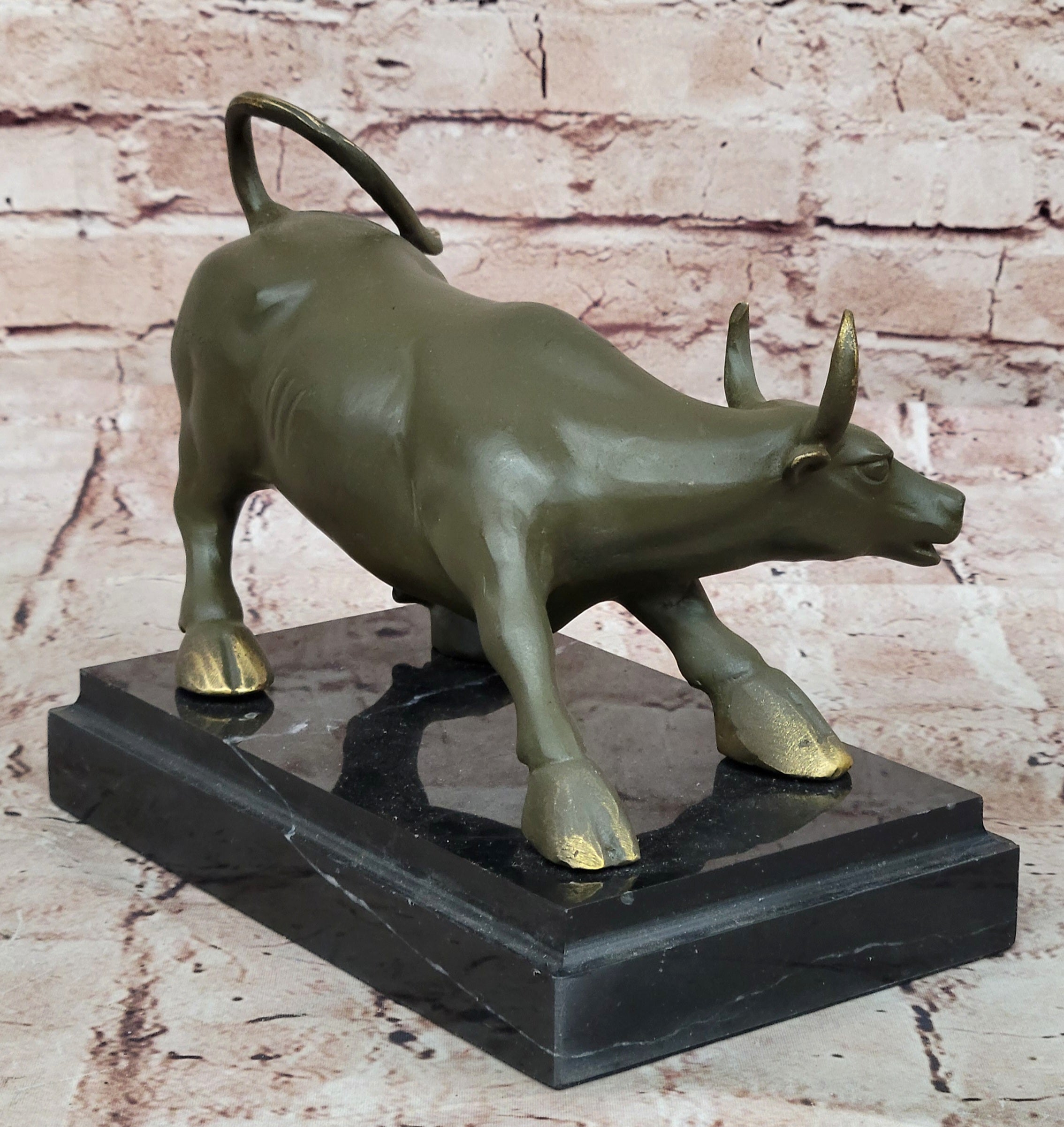 Aggressive Bull Bronze Sculpture on Marble Stand Signed Fisher