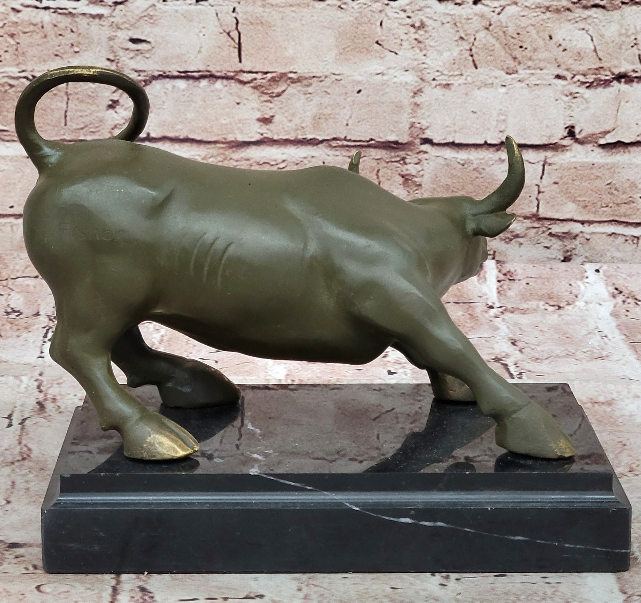 Aggressive Bull Bronze Sculpture on Marble Stand Signed Fisher