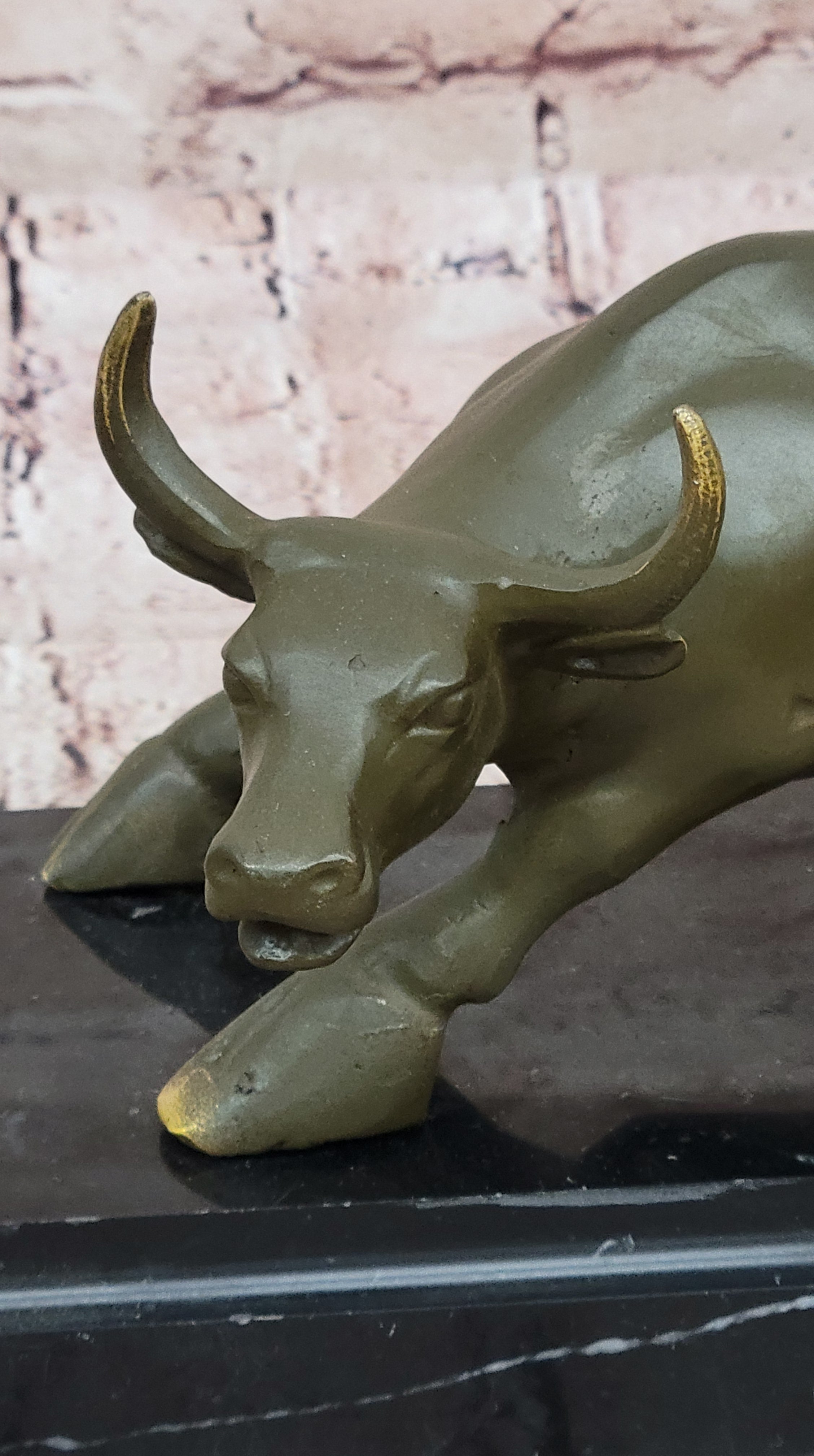 Aggressive Bull Bronze Sculpture on Marble Stand Signed Fisher