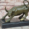 Aggressive Bull Bronze Sculpture on Marble Stand Signed Fisher