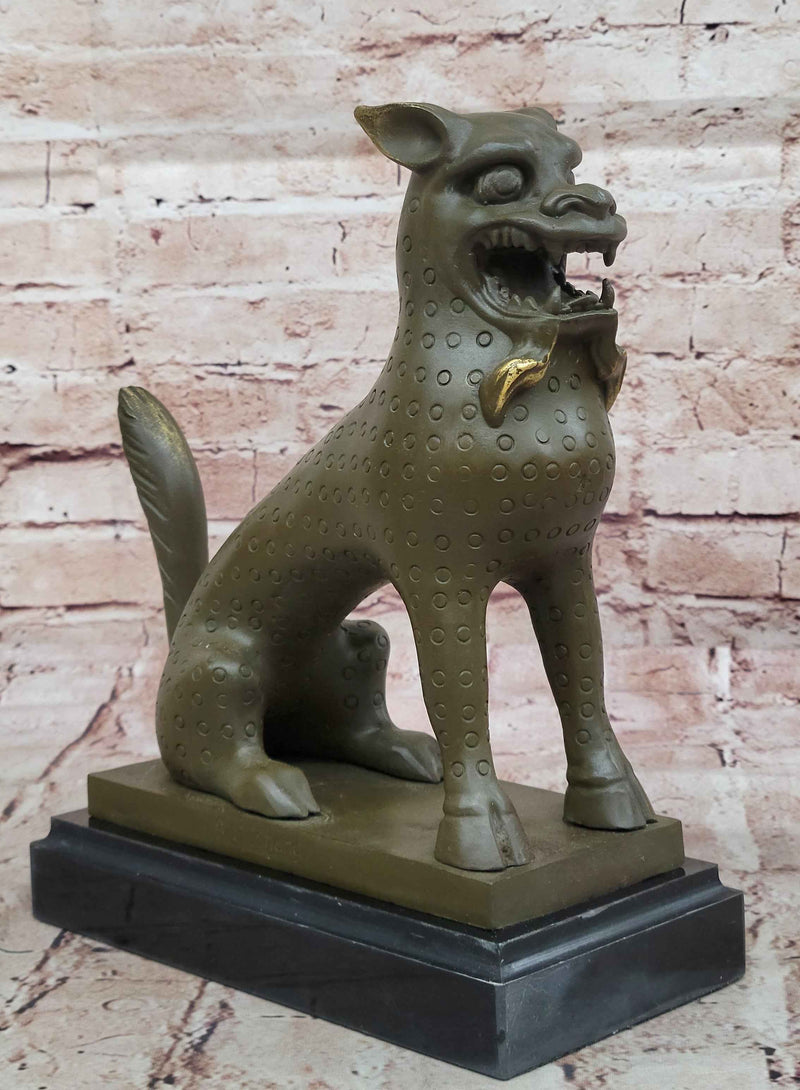 Asian Food Dog Lion Guardian Beast Bronze Sculpture on Marble Base