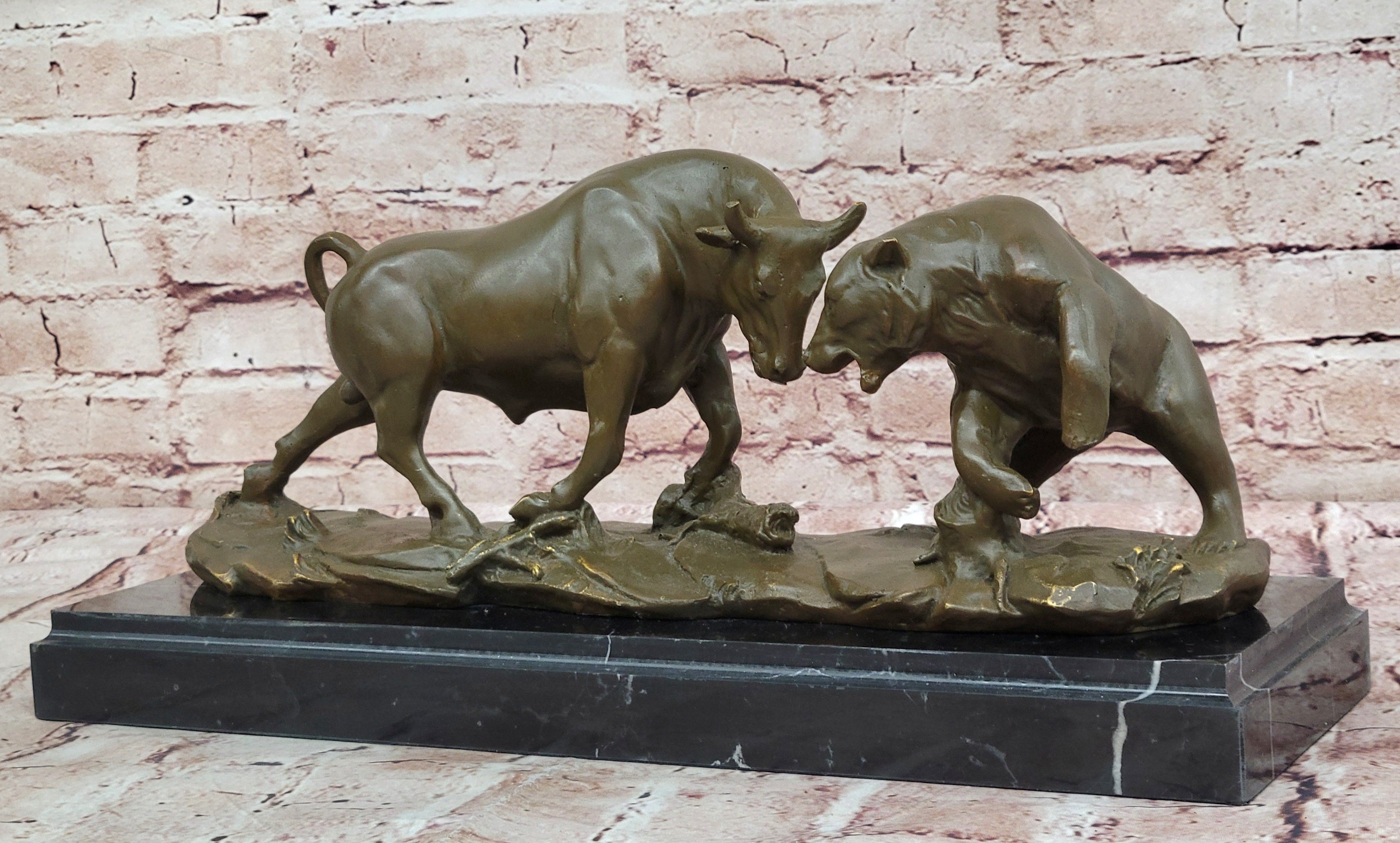 Bull and Bear Bronze Sculpture; Wall Street Market Duel Statue
