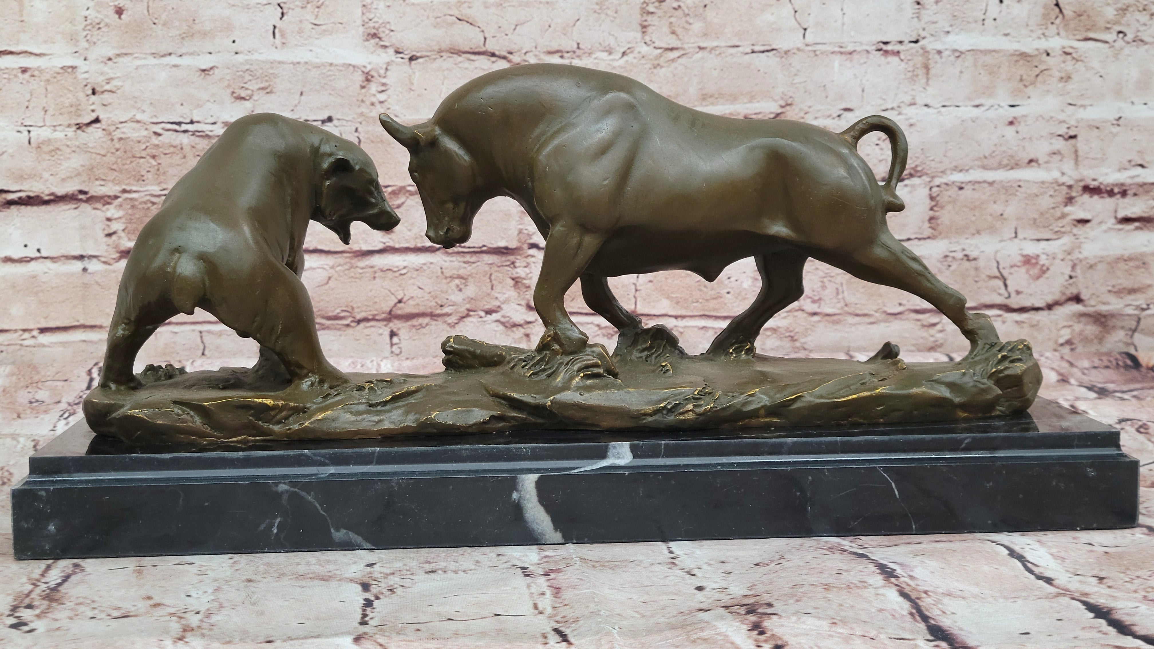 Bull and Bear Bronze Sculpture; Wall Street Market Duel Statue