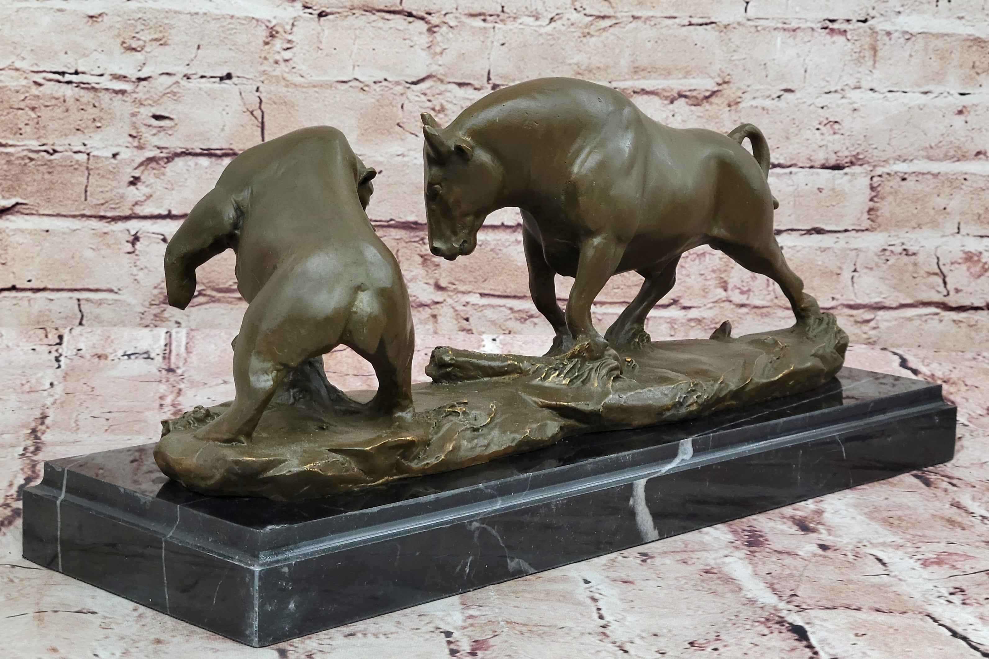 Bull and Bear Bronze Sculpture; Wall Street Market Duel Statue